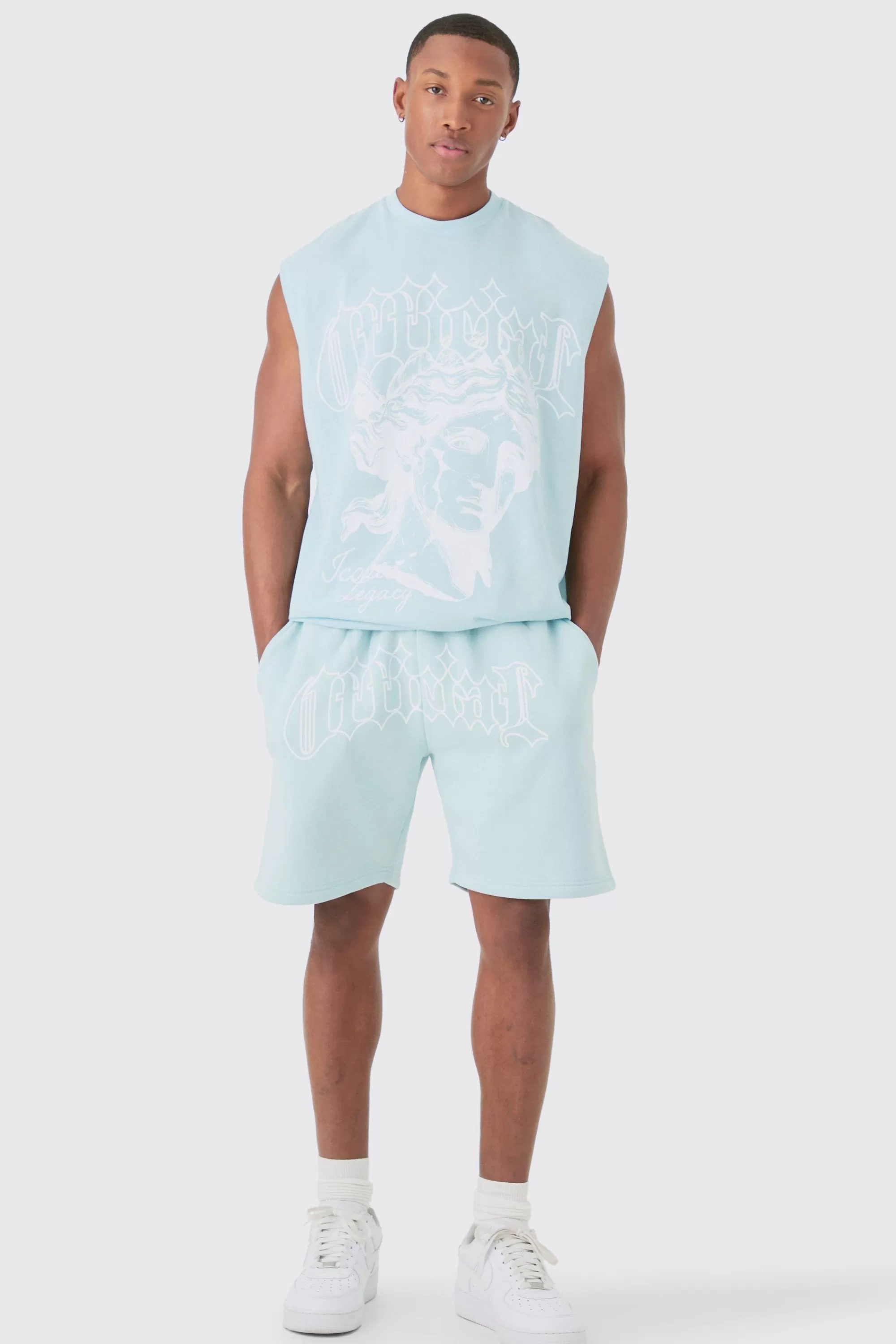 boohooMAN Oversized Official Large Print Tank & Short Set | UK