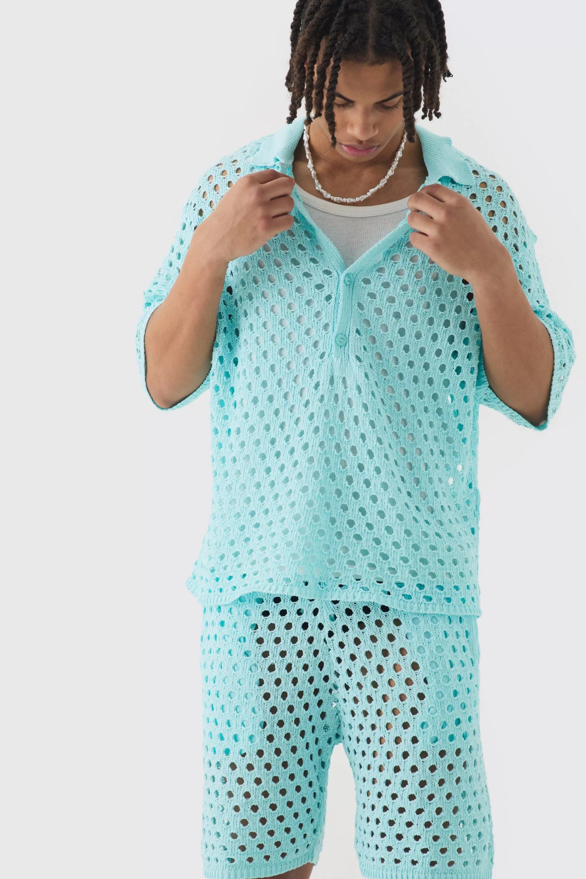 boohooMAN Oversized Open Stitch Polo & Short Set | UK