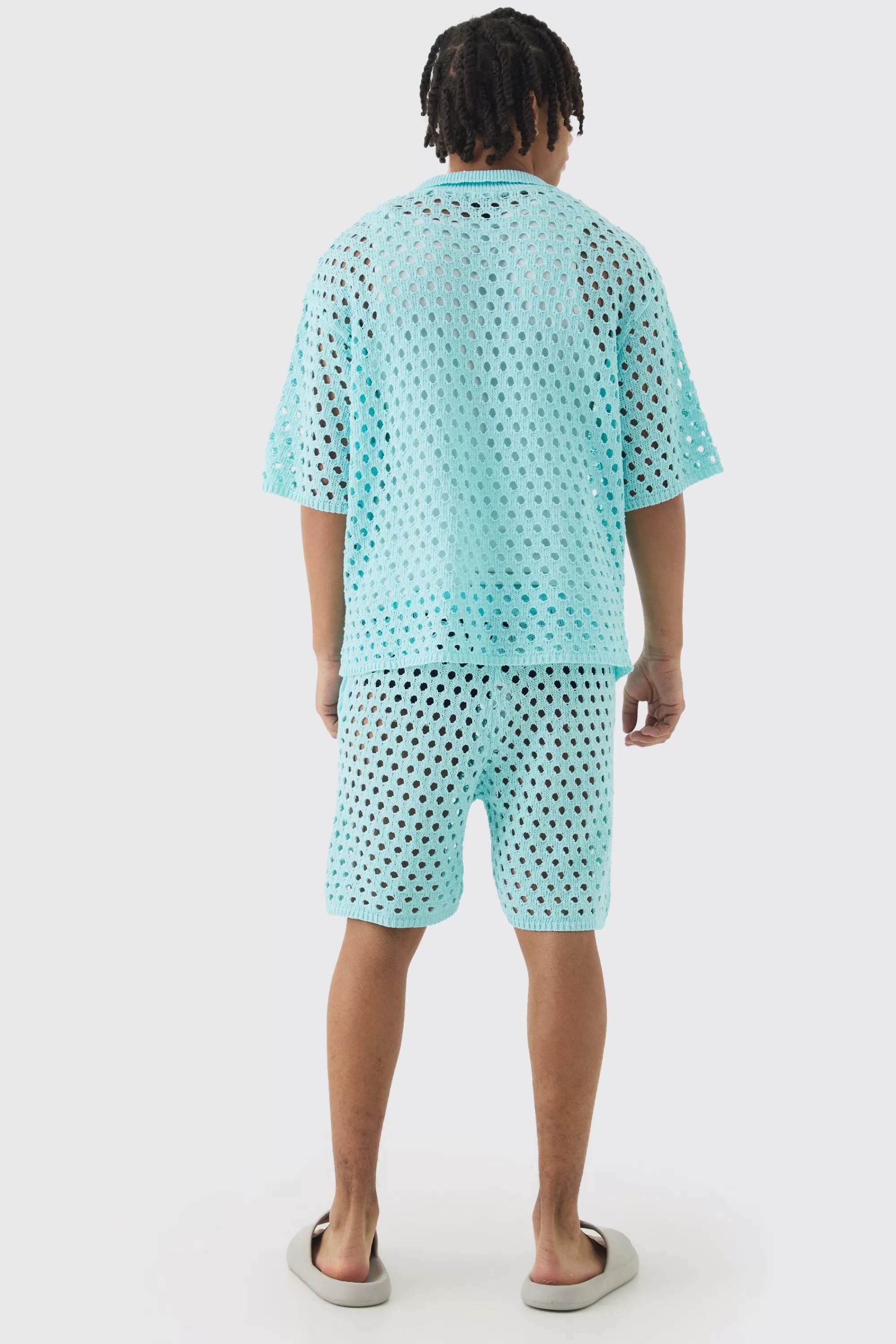 boohooMAN Oversized Open Stitch Polo & Short Set | UK