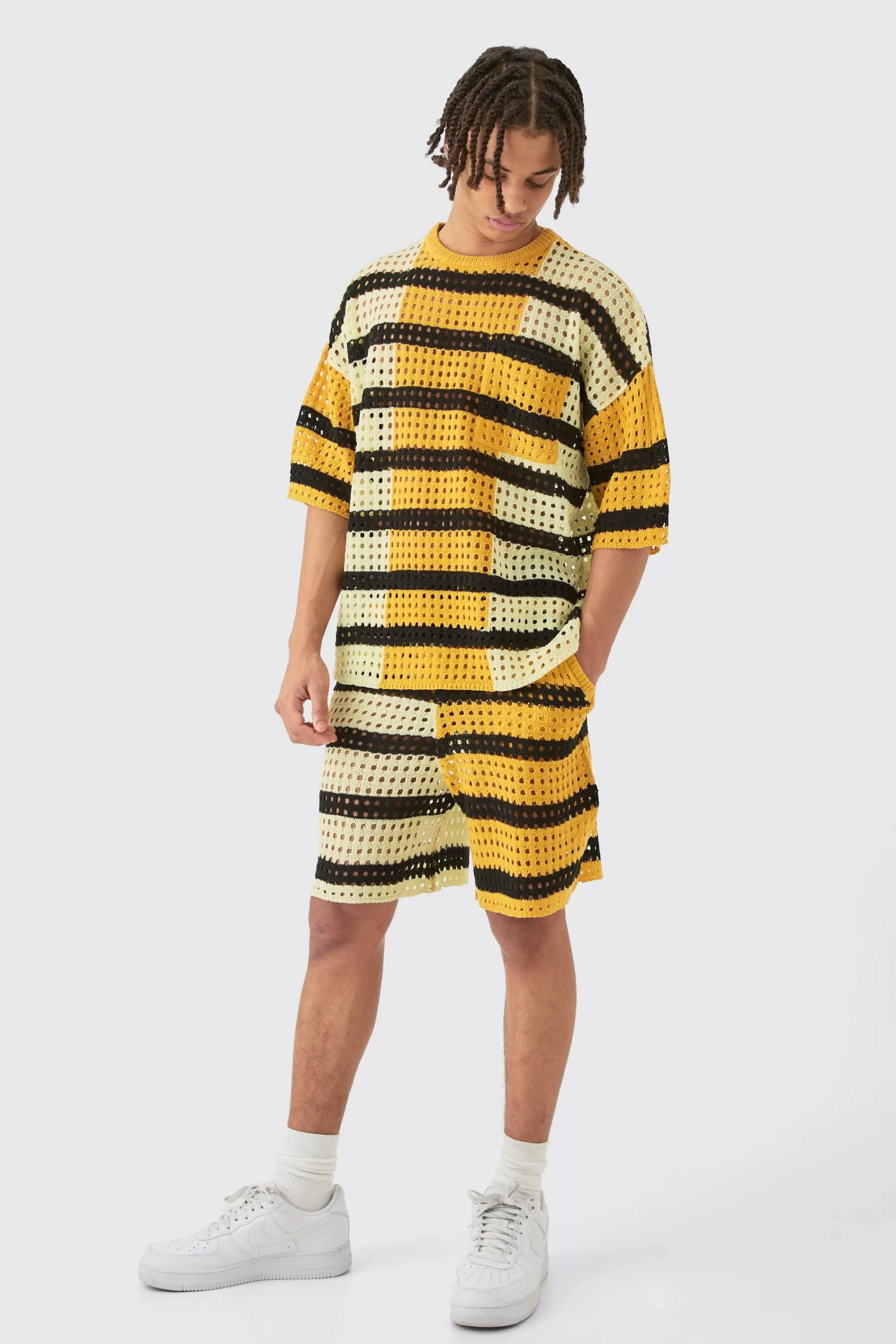boohooMAN Oversized Open Stitch T-shirt Short Knitted Set | UK