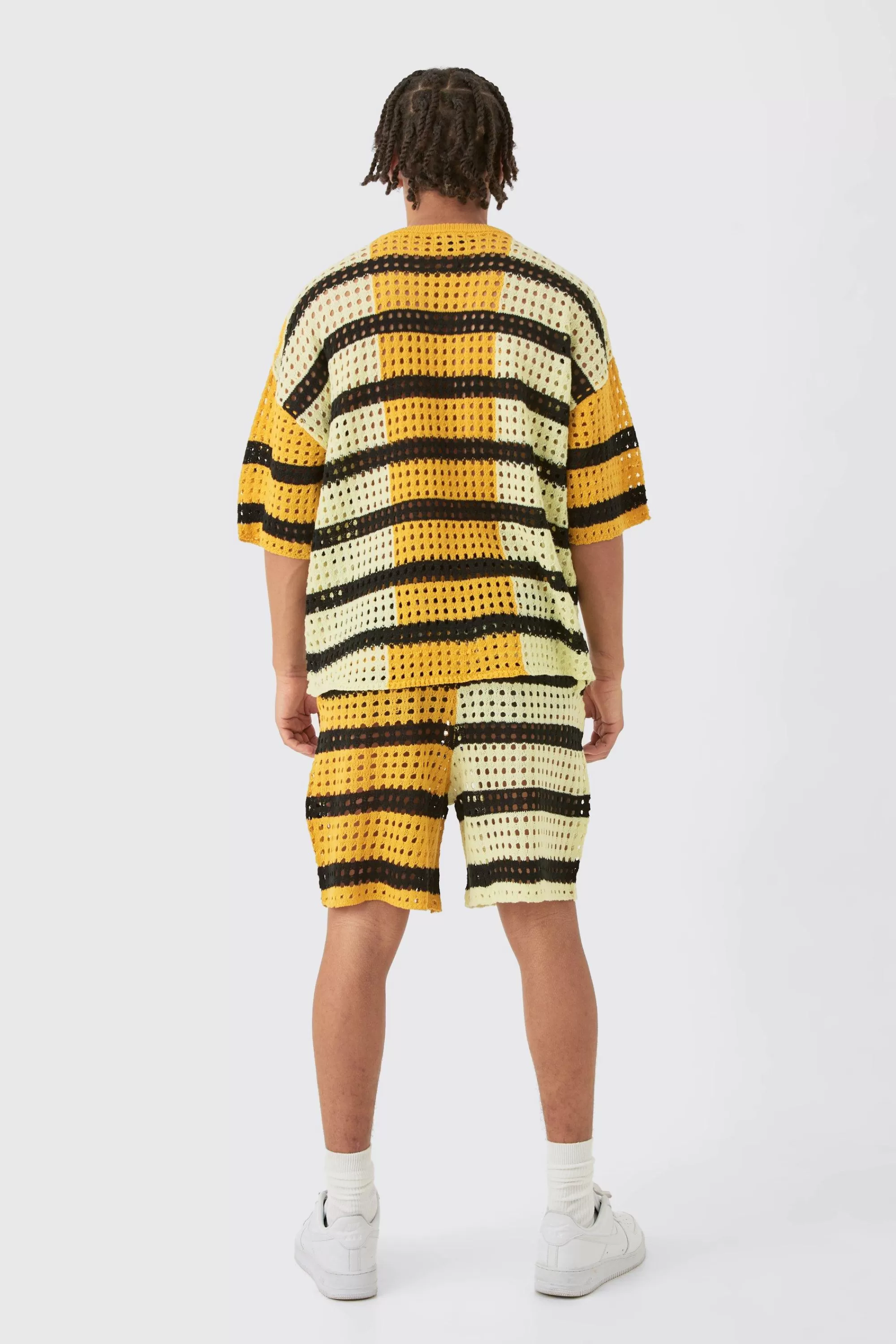 boohooMAN Oversized Open Stitch T-shirt Short Knitted Set | UK