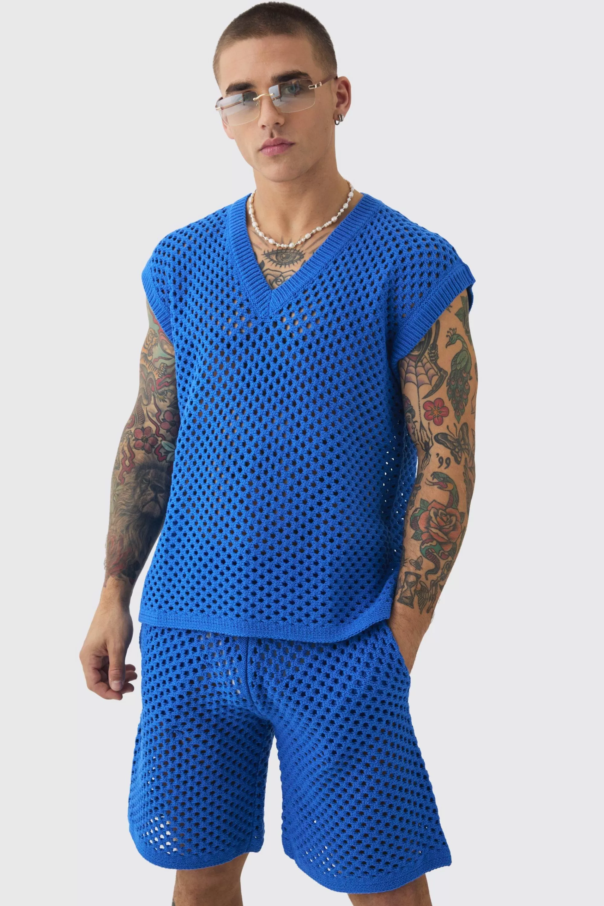 boohooMAN Oversized Open Stitch V Neck Tank Short Set With Metal Tab | UK