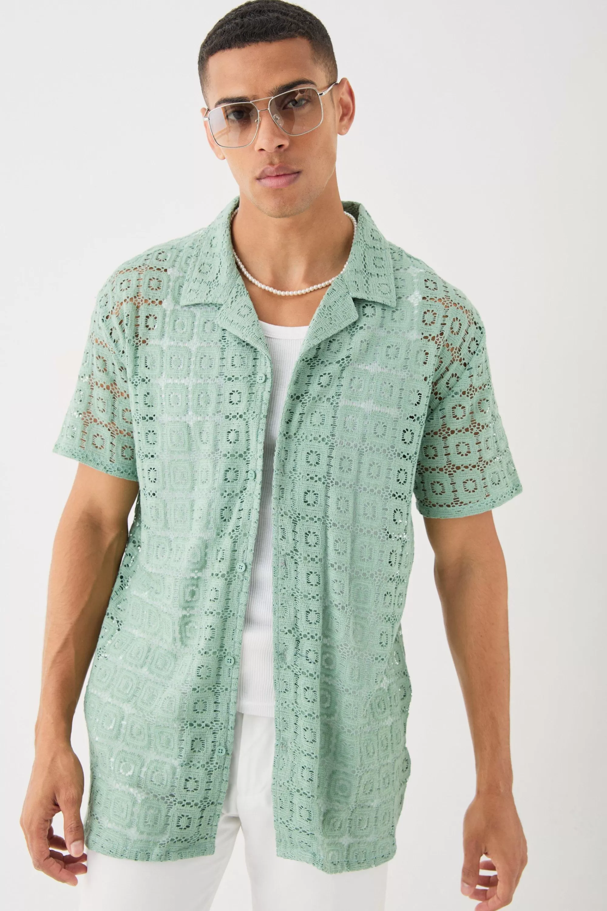 boohooMAN Oversized Open Weave Lace Shirt | UK