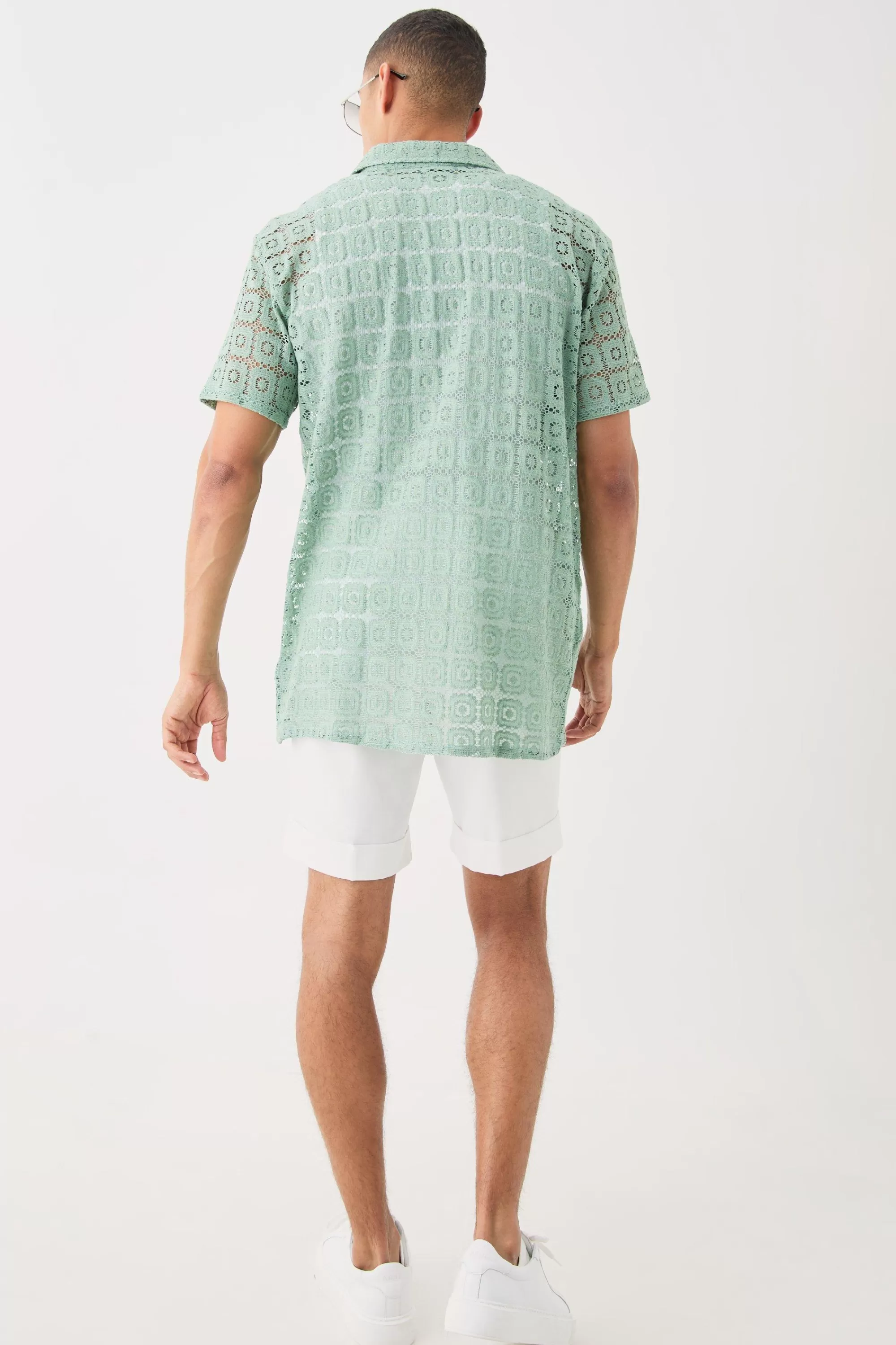 boohooMAN Oversized Open Weave Lace Shirt | UK