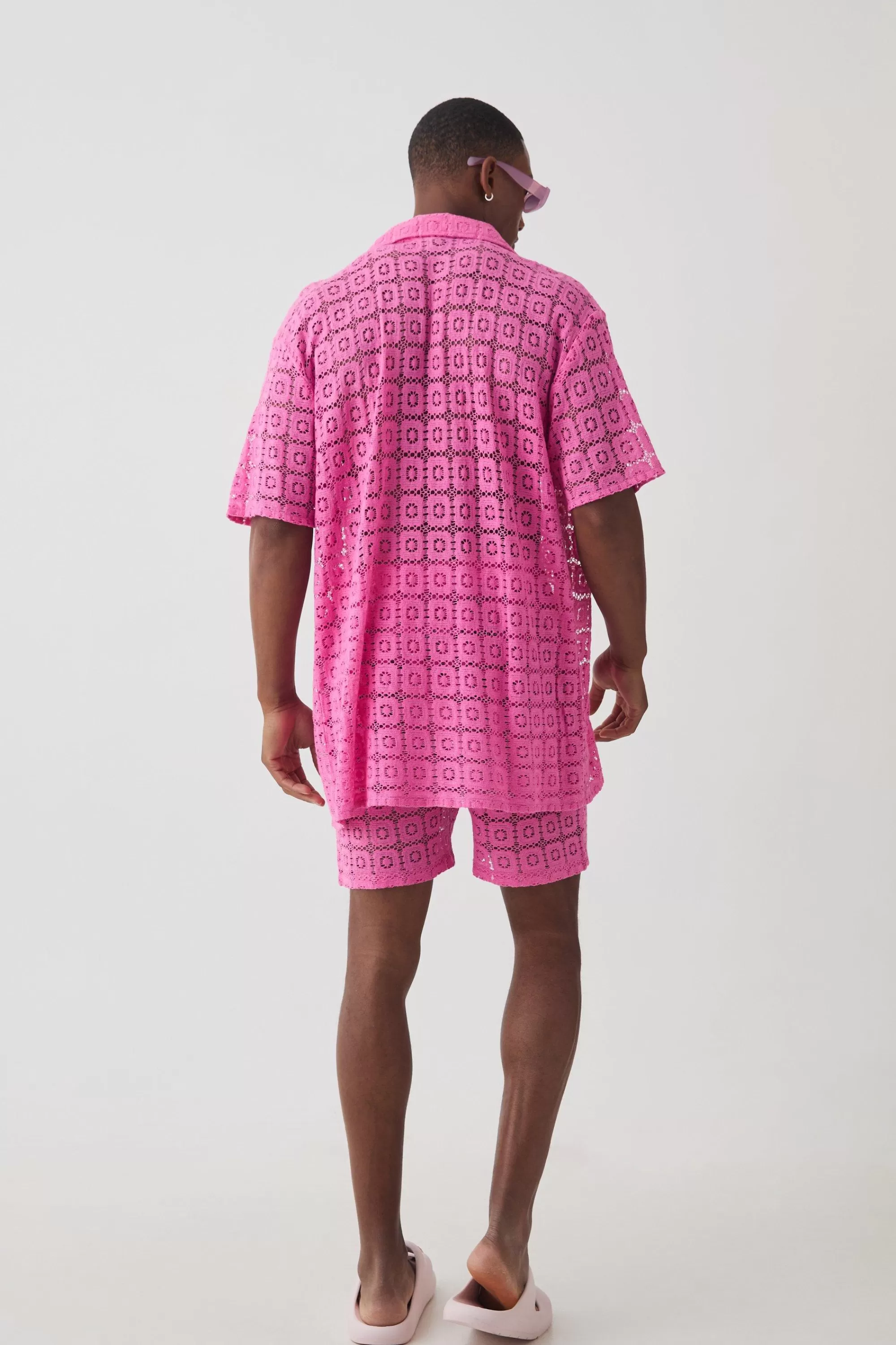 boohooMAN Oversized Open Weave Lace Shirt & Short Set | UK