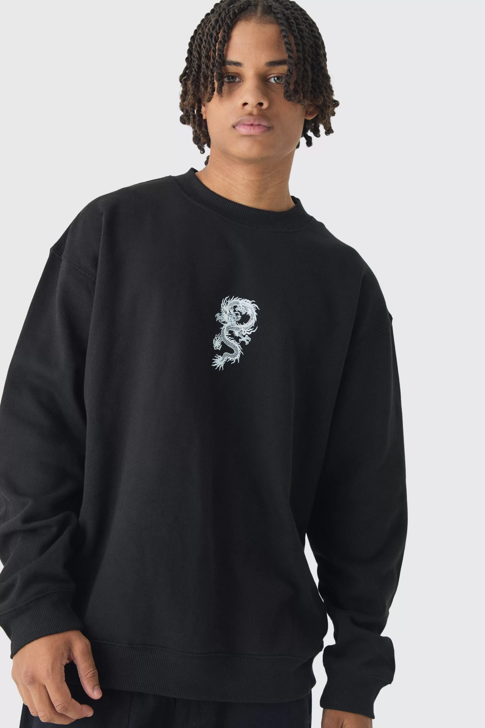 boohooMAN Oversized Over Seams Extended Neck Dragon Wash Print Sweatshirt | UK