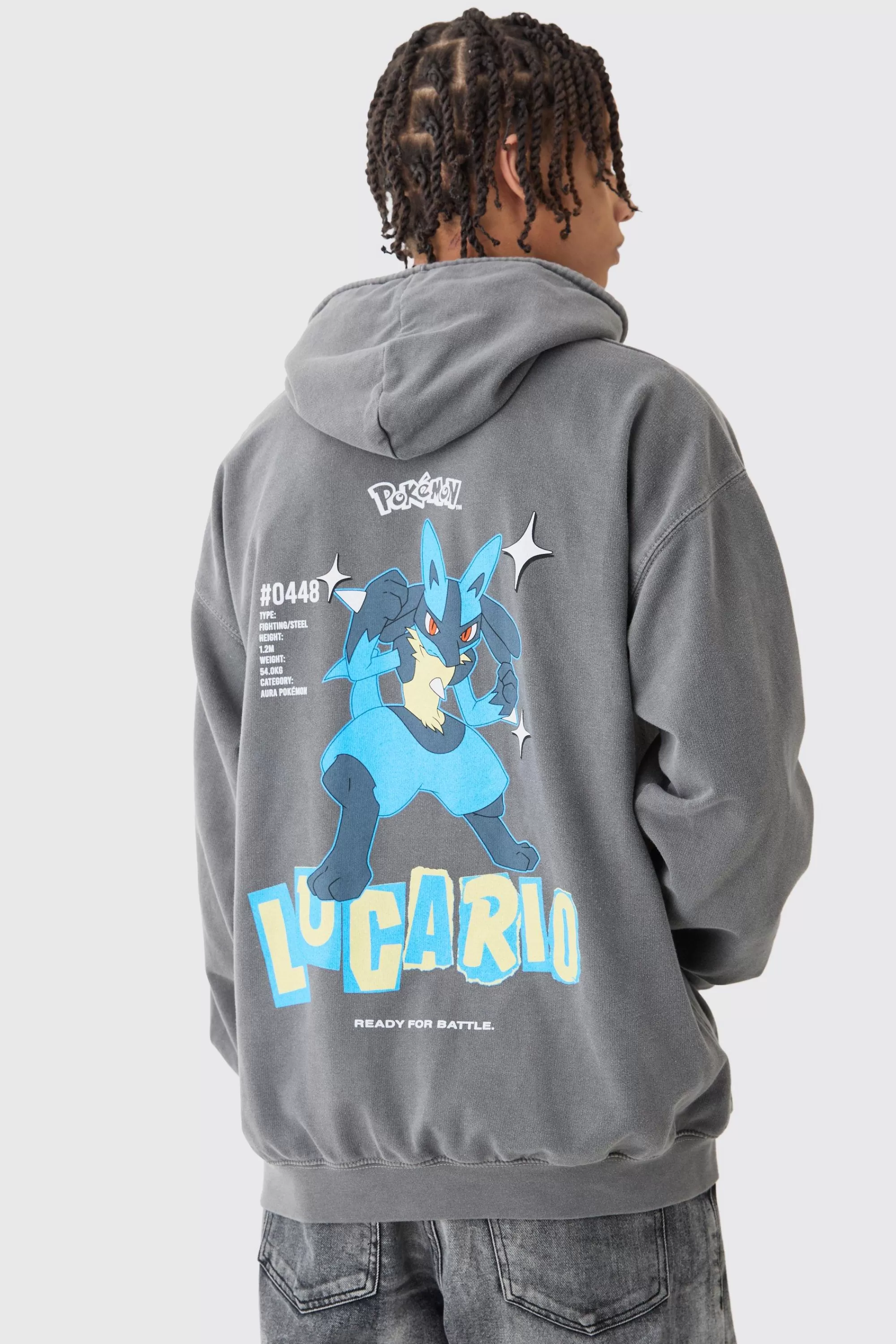 boohooMAN Oversized Overdye Pokemon Lucario License Hoodie | UK