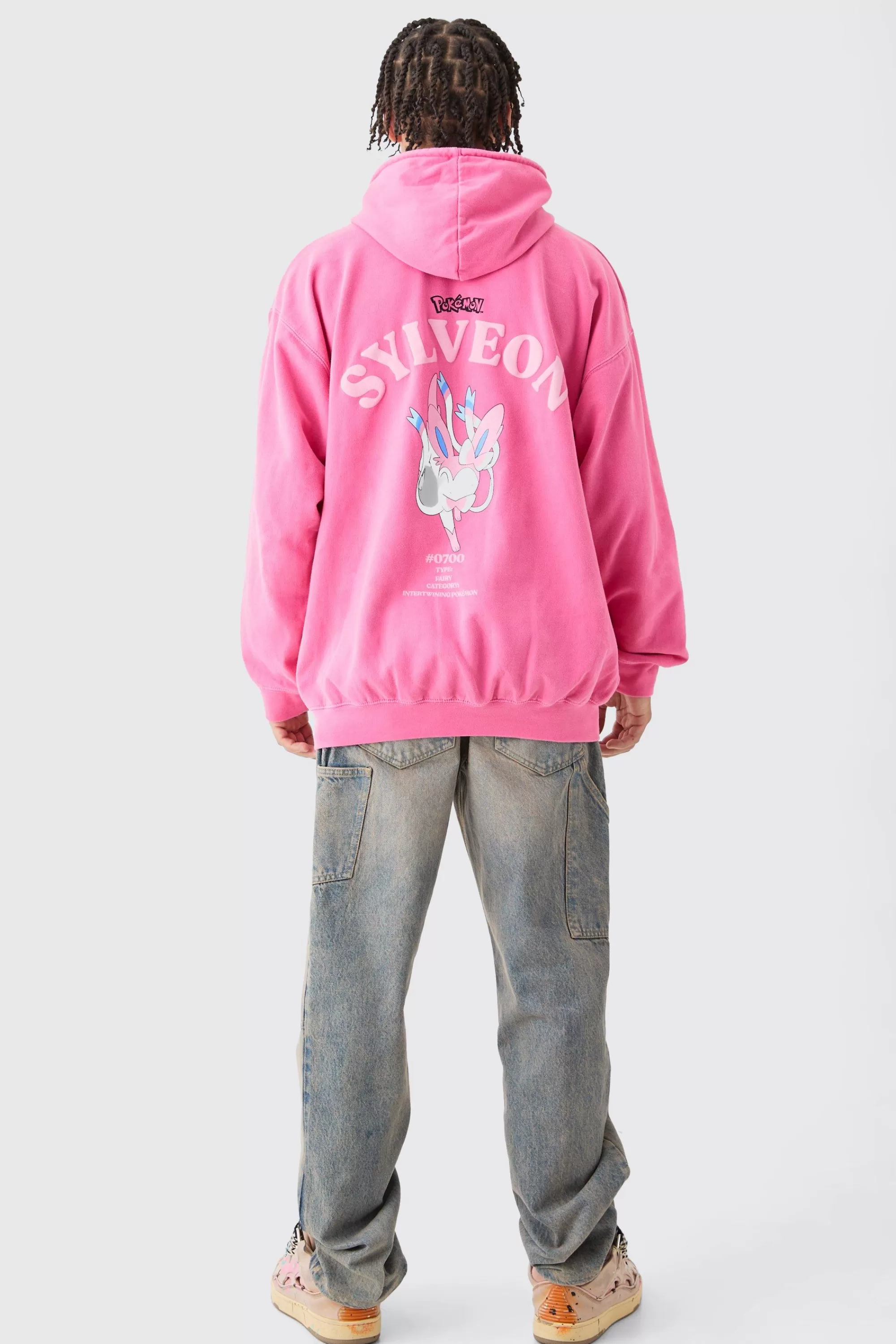 boohooMAN Oversized Overdye Pokemon Sylveon License Hoodie | UK