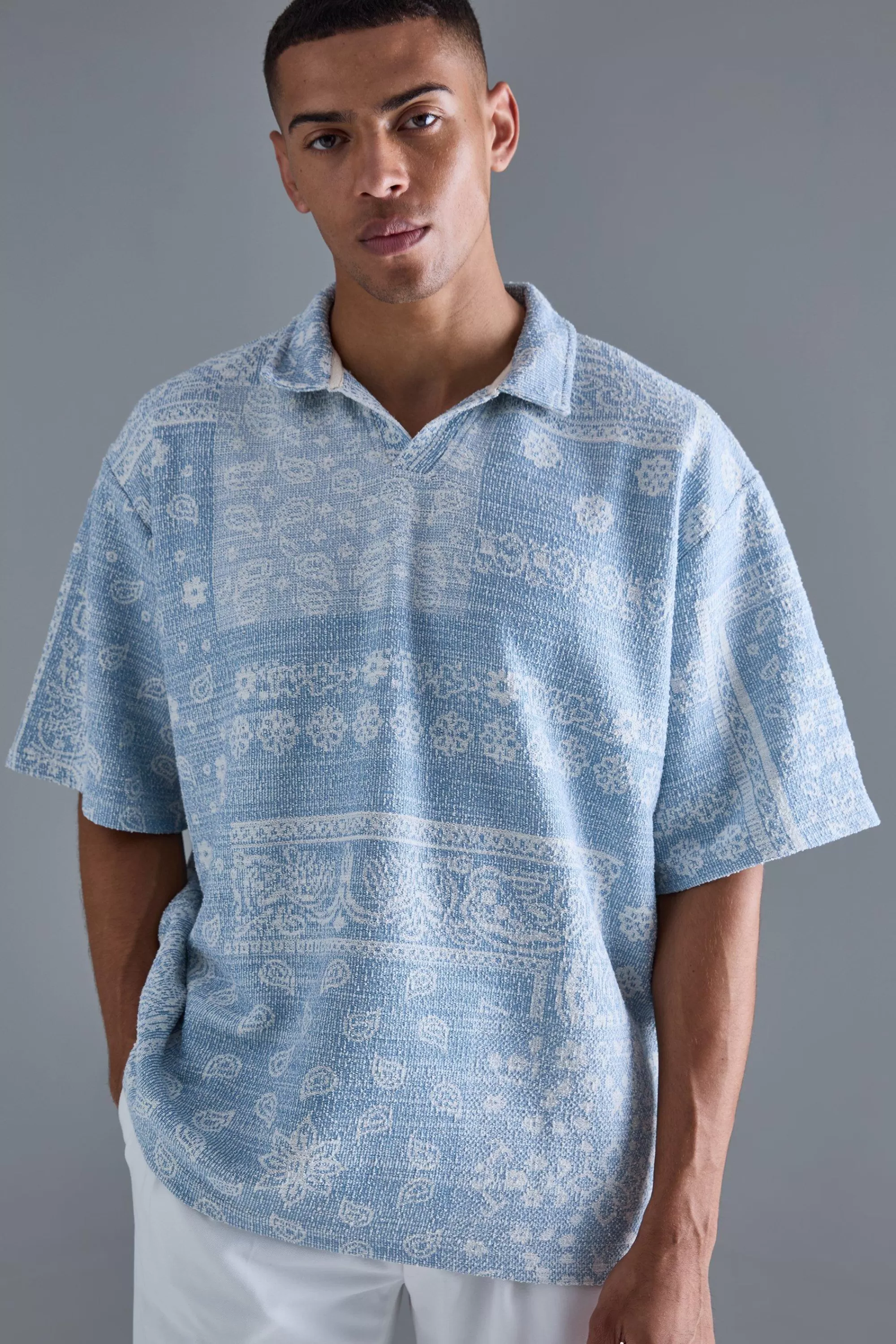 boohooMAN Oversized Paisley Jacquard Rugby Half Sleeve Sweatshirt | UK