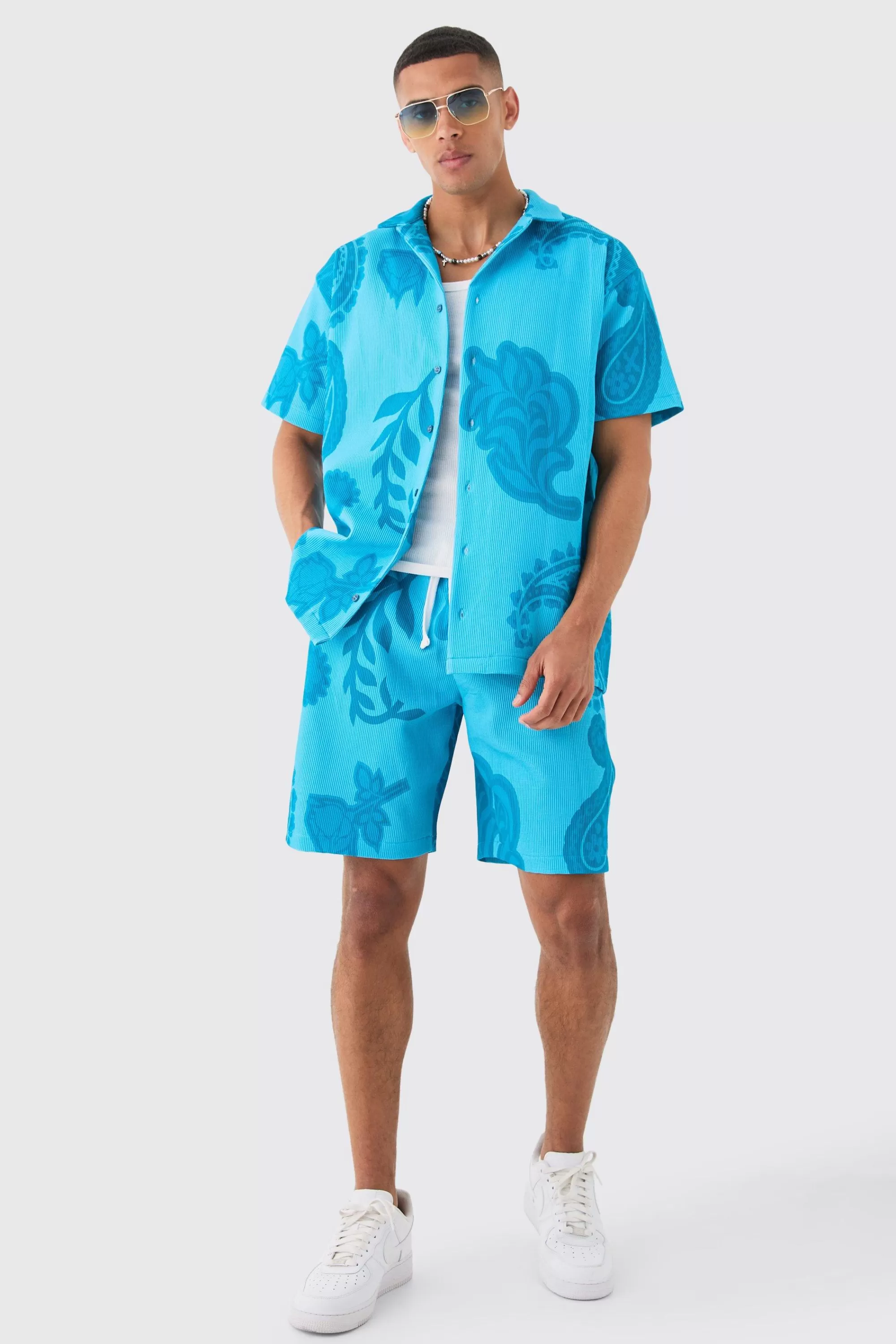 boohooMAN Oversized Paisley Tonal Printed Pleated Shirt & Short Set | UK