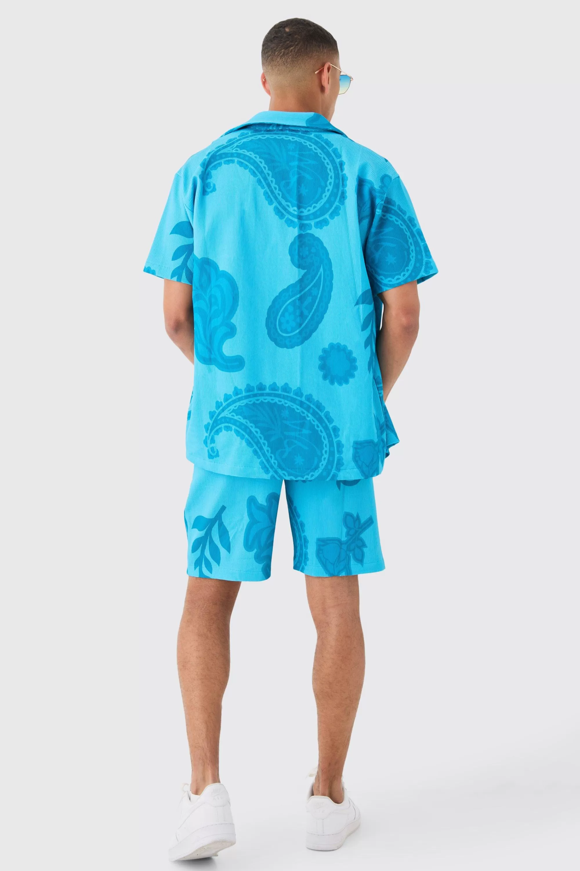 boohooMAN Oversized Paisley Tonal Printed Pleated Shirt & Short Set | UK
