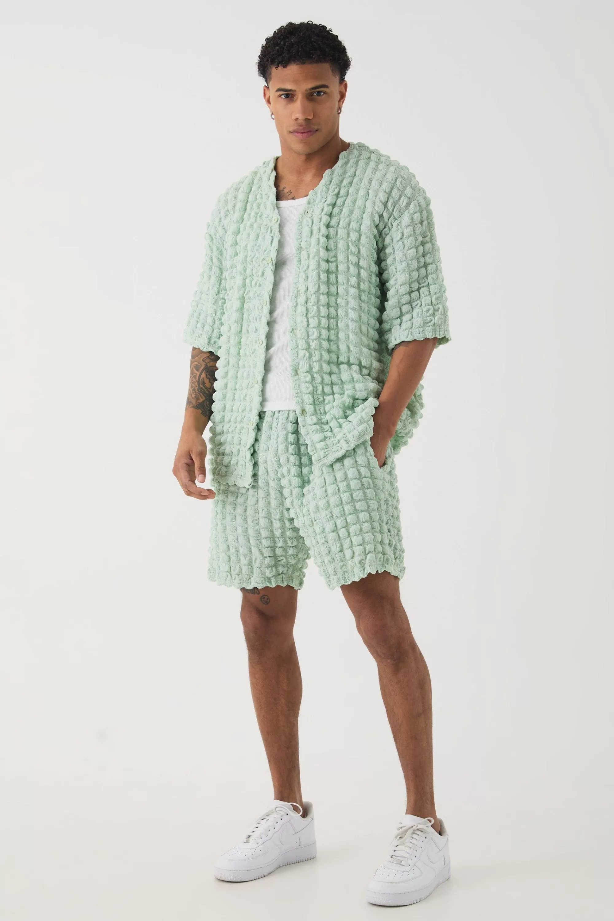boohooMAN Oversized Popcorn Collarless Polo Shirt & Shorts Set | UK