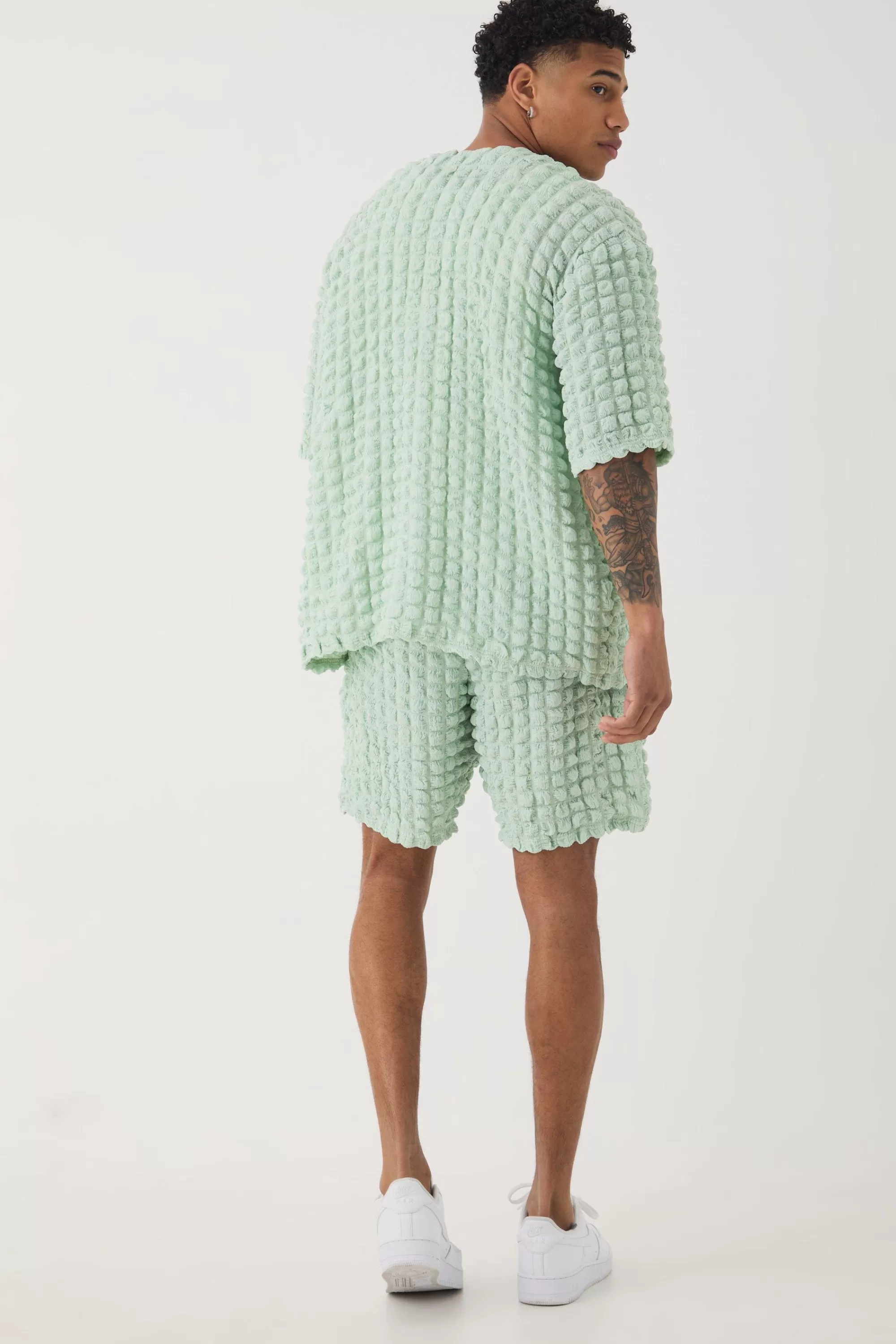 boohooMAN Oversized Popcorn Collarless Polo Shirt & Shorts Set | UK