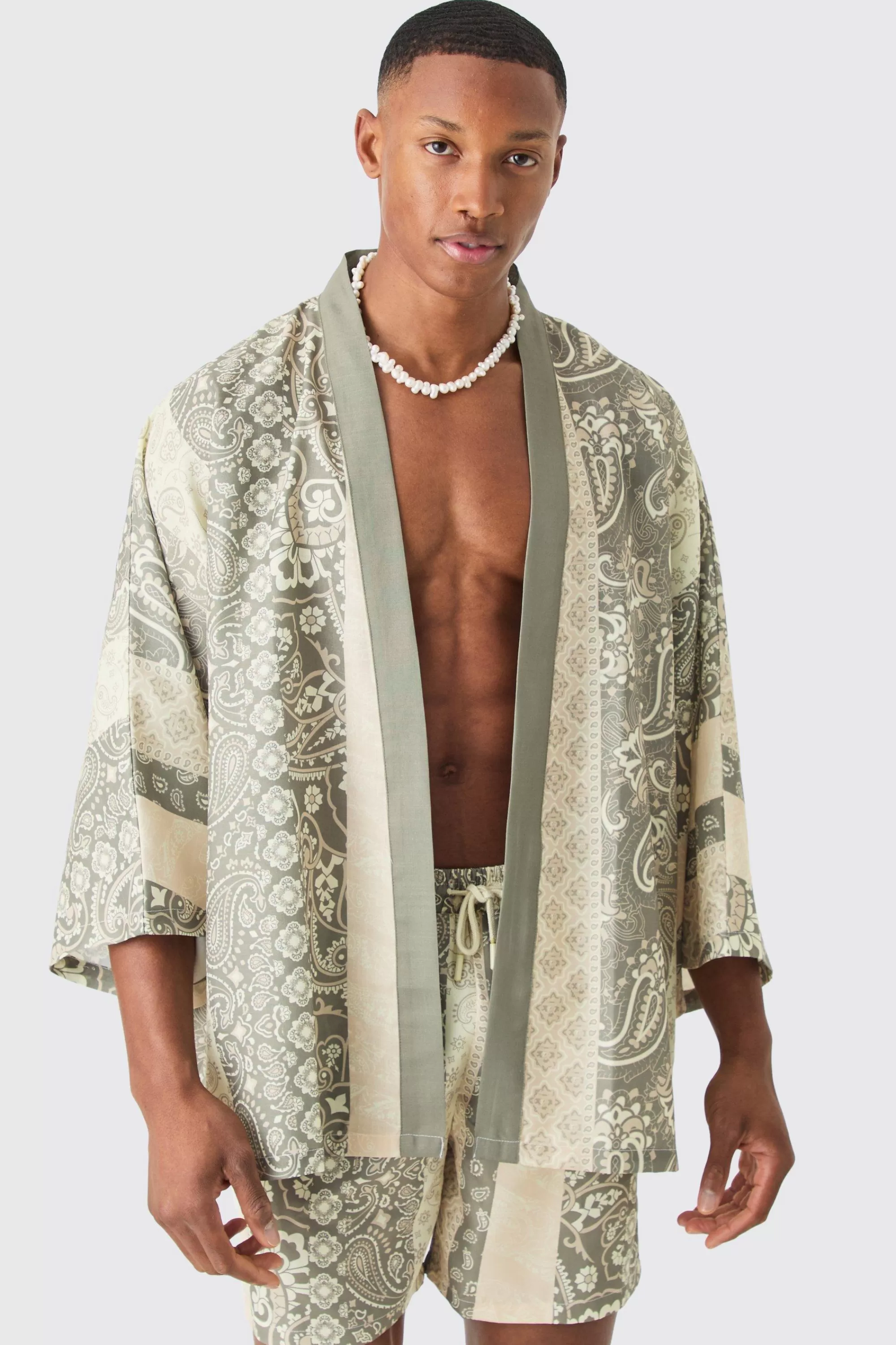 boohooMAN Oversized Printed Kimono Shirt And Swim Short Set | UK