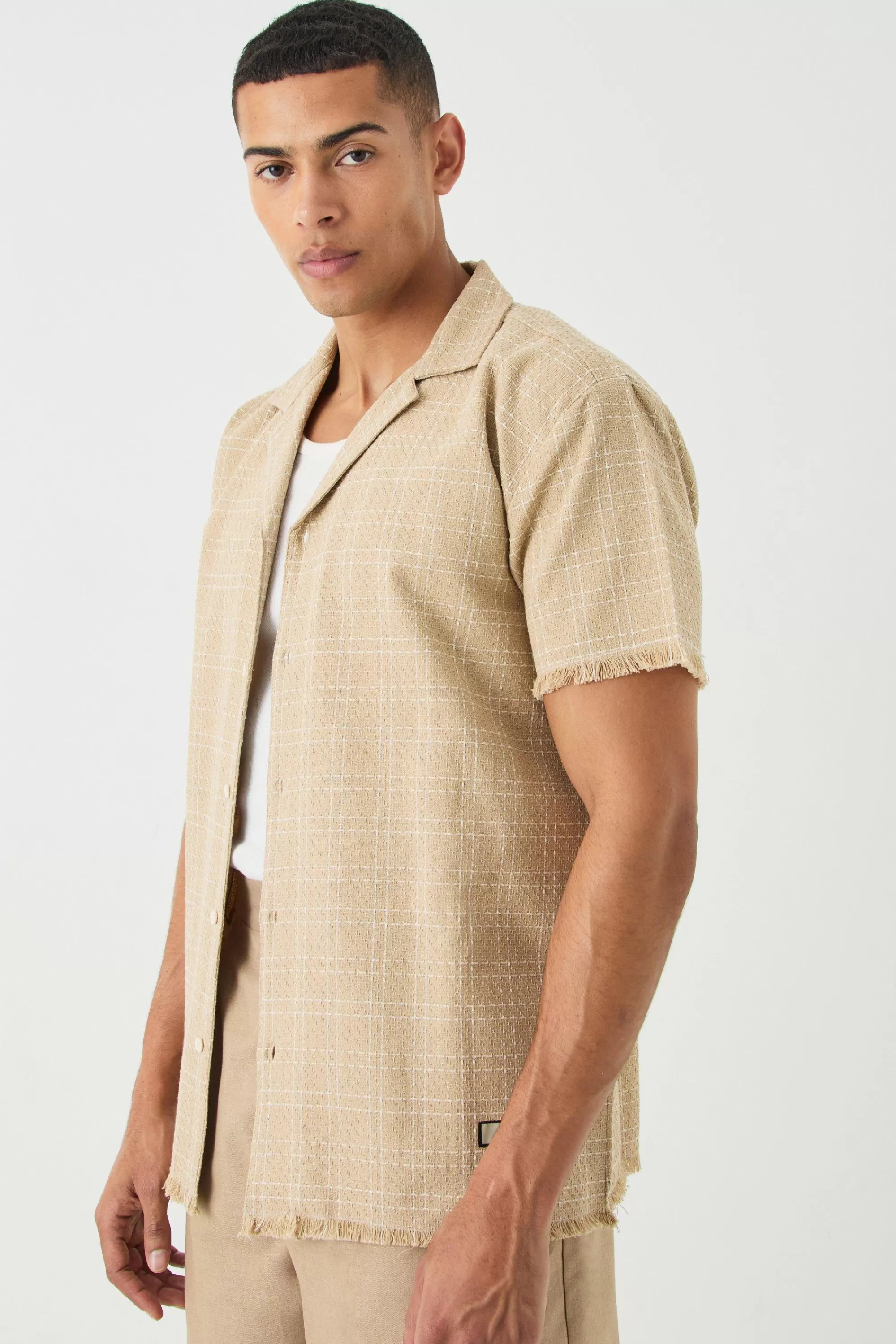 boohooMAN Oversized Raw Hem Boucle Shirt | UK