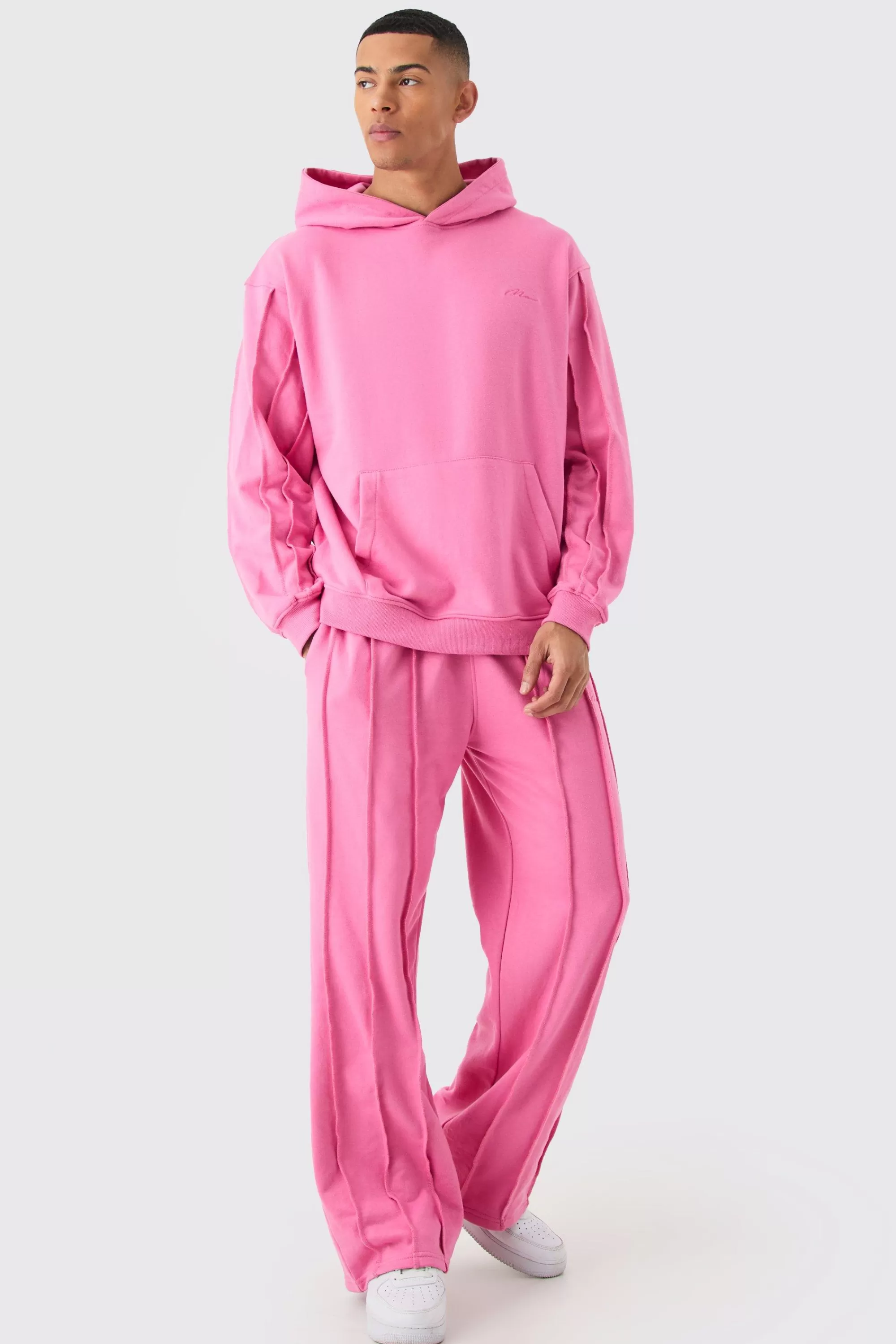 boohooMAN Oversized Raw Seam Man Sig Embroidered Hooded Tracksuit | UK