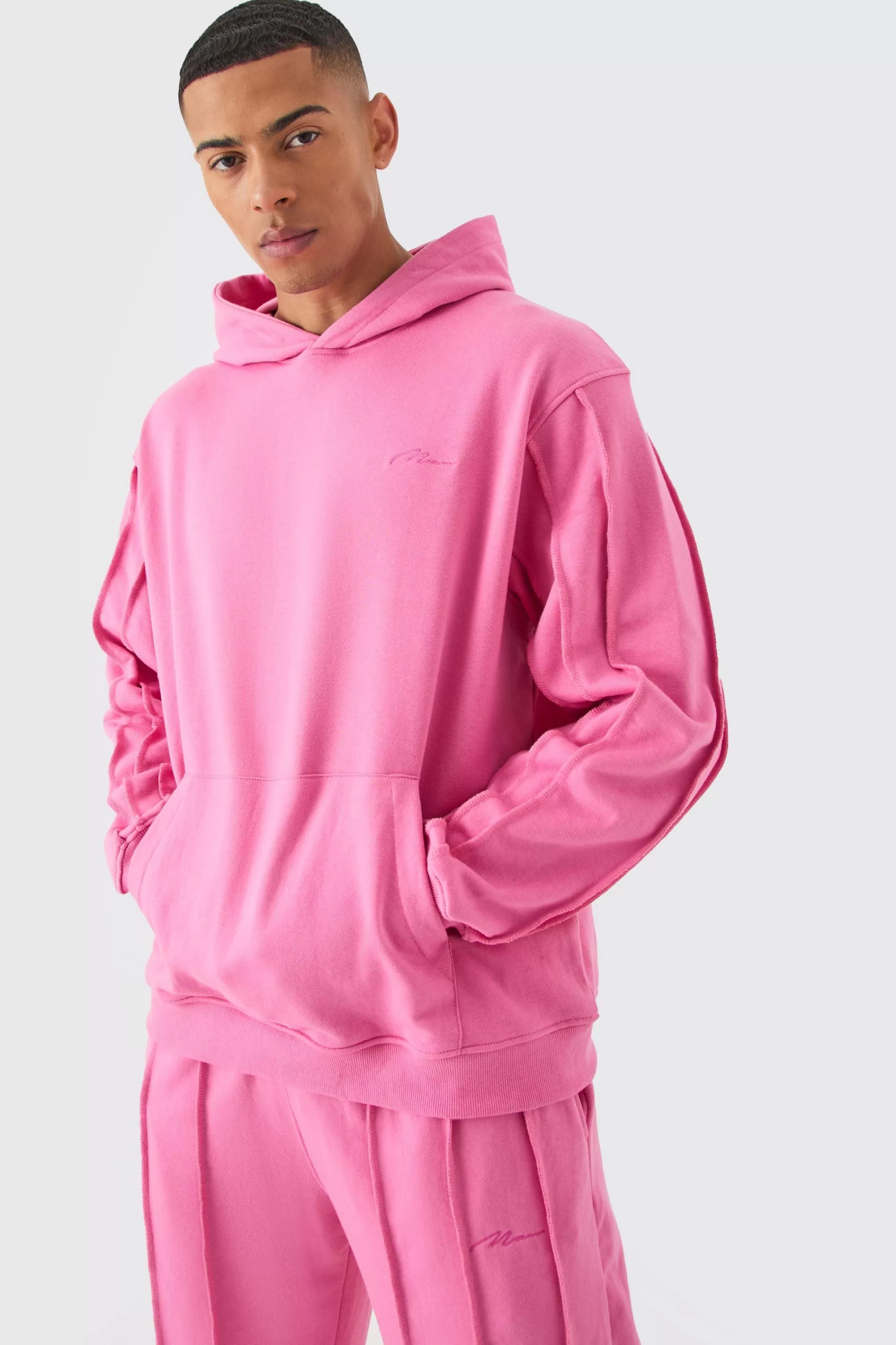 boohooMAN Oversized Raw Seam Man Sig Embroidered Hooded Tracksuit | UK