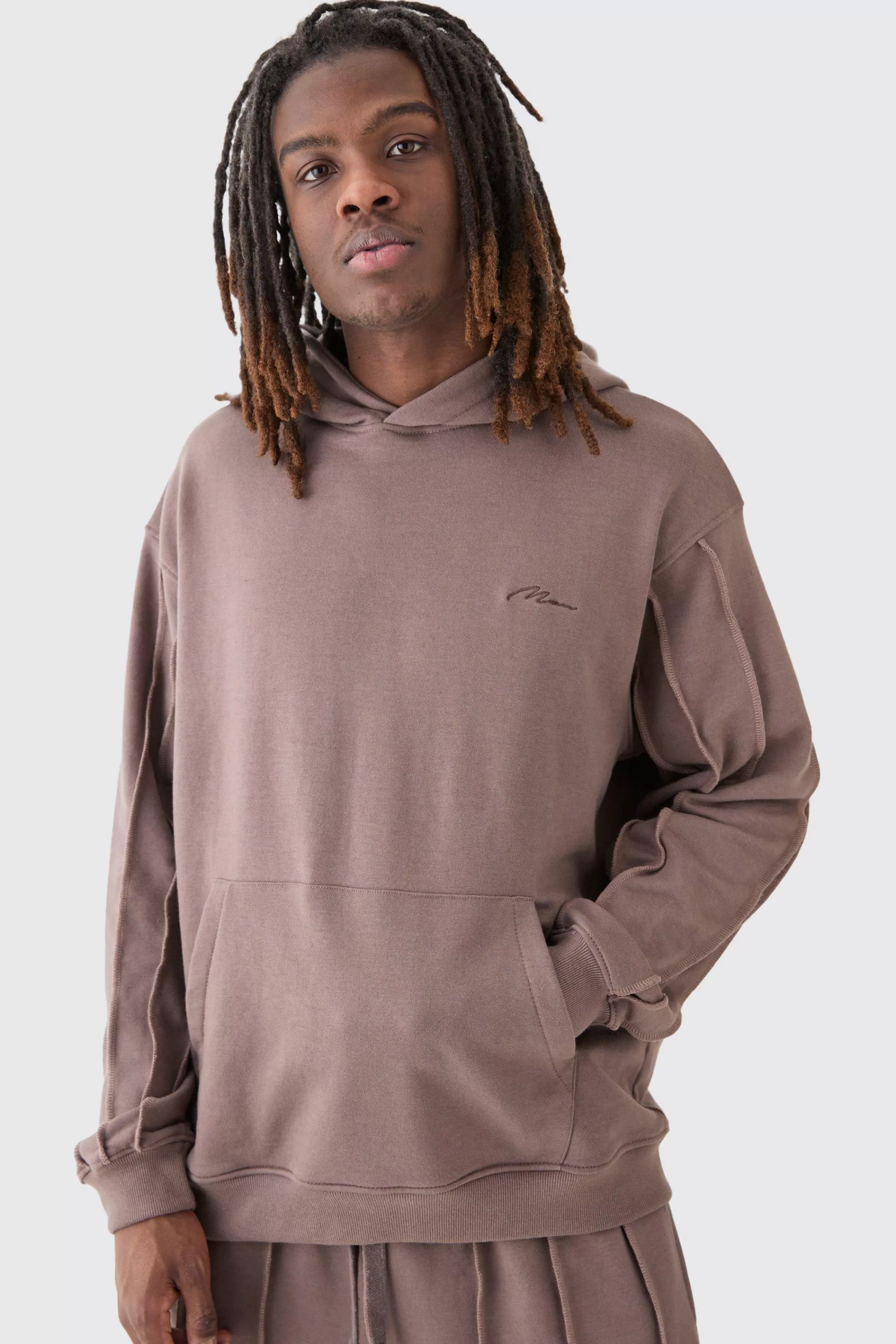 boohooMAN Oversized Raw Seam Man Signature Embroidered Hoodie | UK