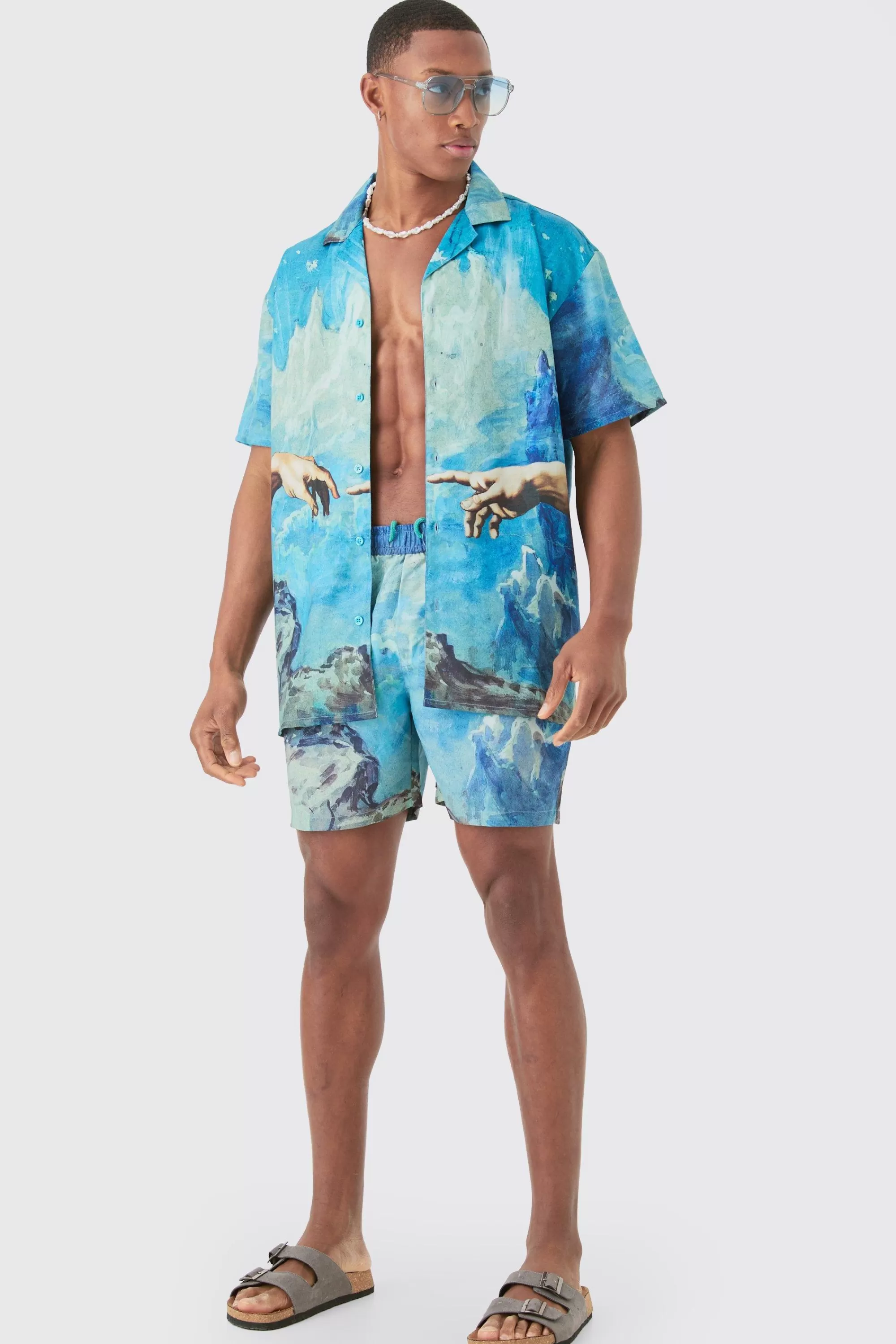 boohooMAN Oversized Renaissance Shirt & Swim Short Set | UK