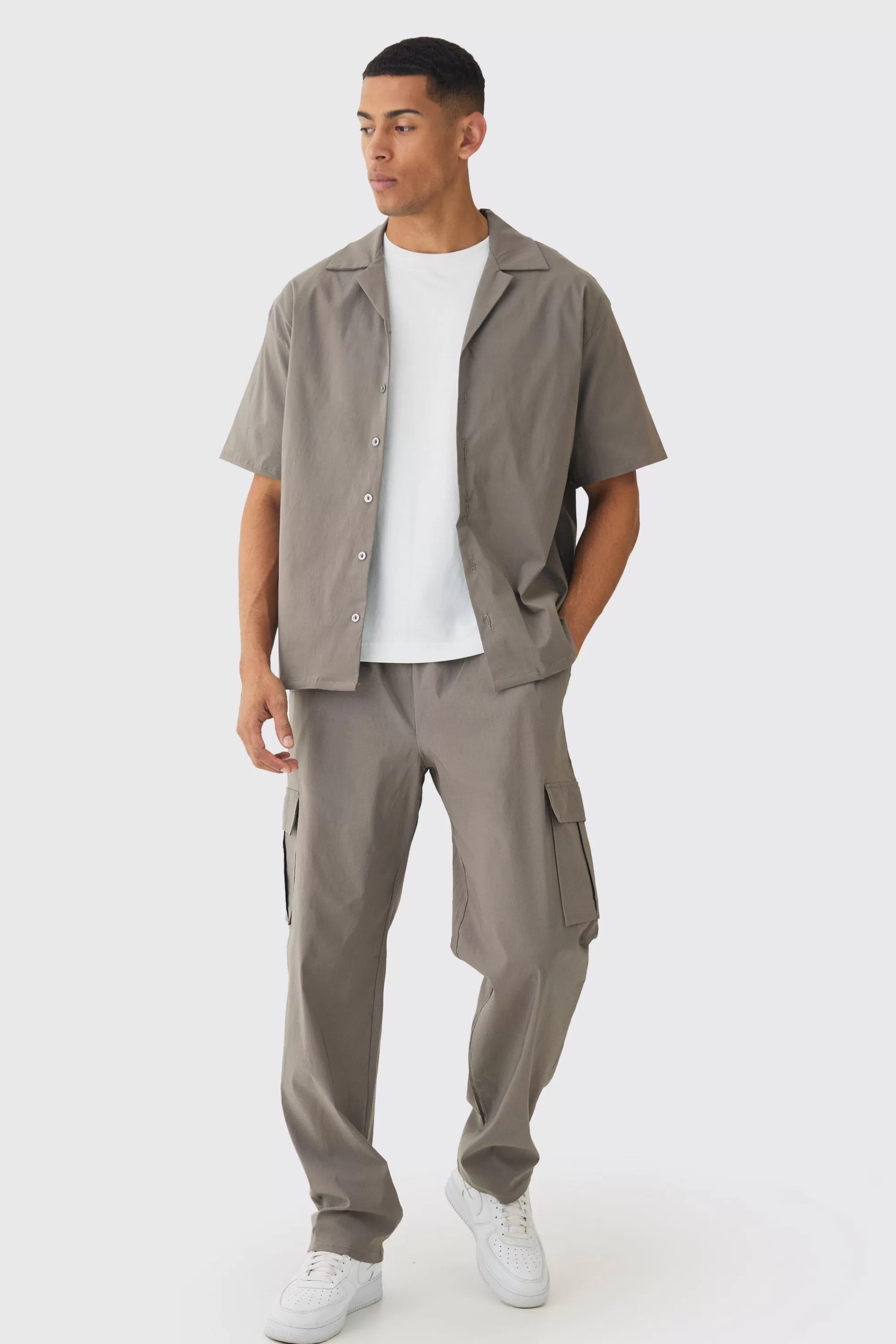 boohooMAN Oversized Revere Bengaline Shirt & Cargo Trouser Set | UK