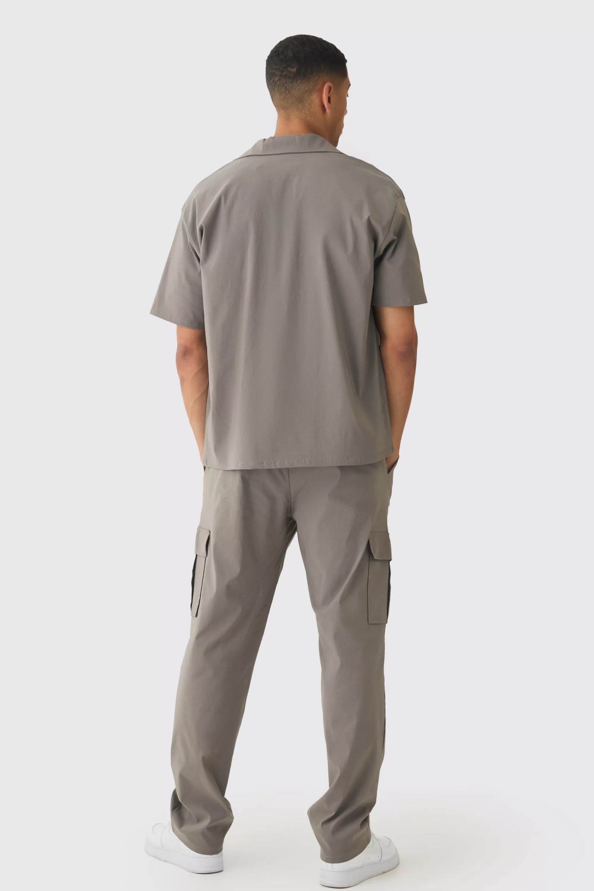 boohooMAN Oversized Revere Bengaline Shirt & Cargo Trouser Set | UK