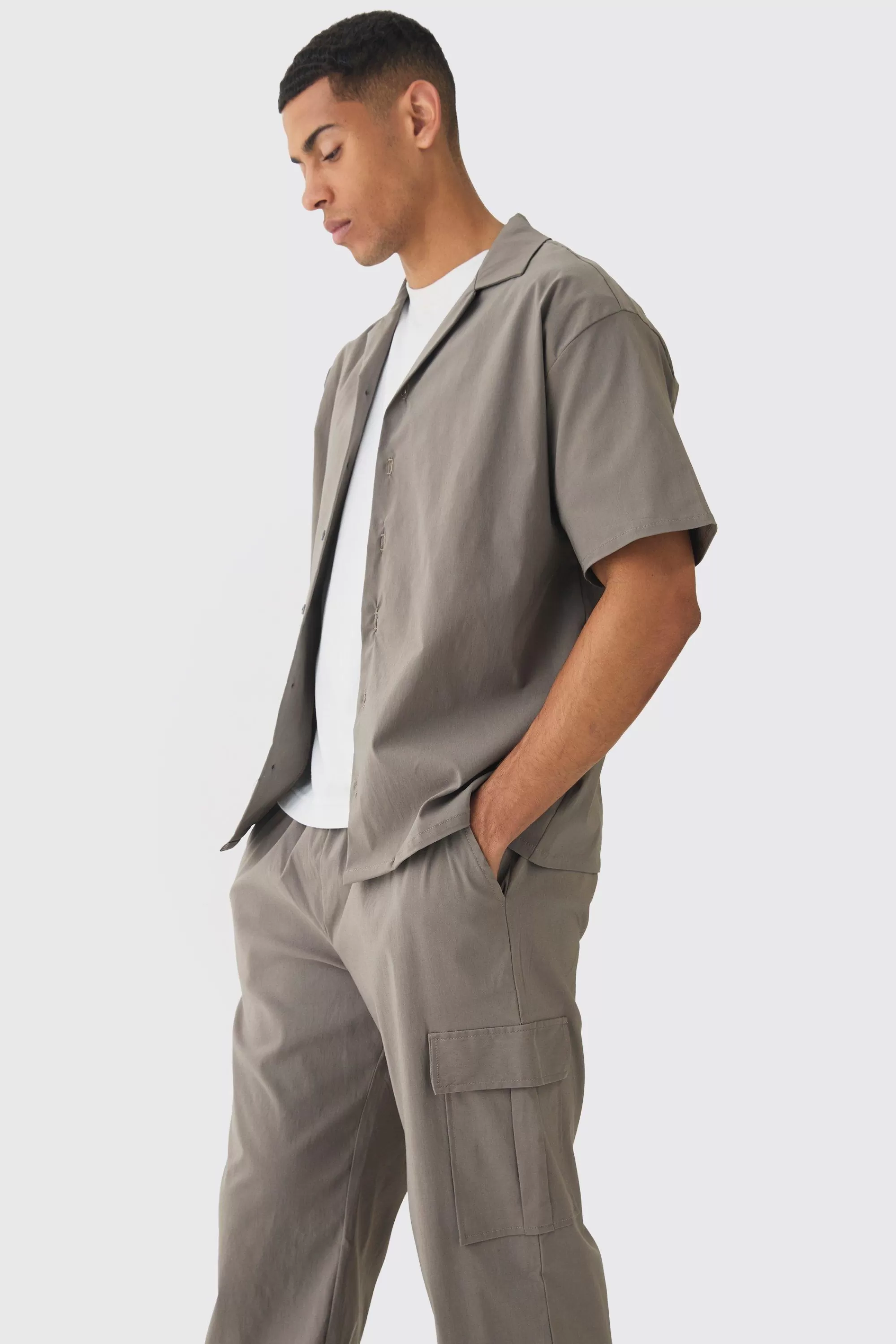 boohooMAN Oversized Revere Bengaline Shirt & Cargo Trouser Set | UK