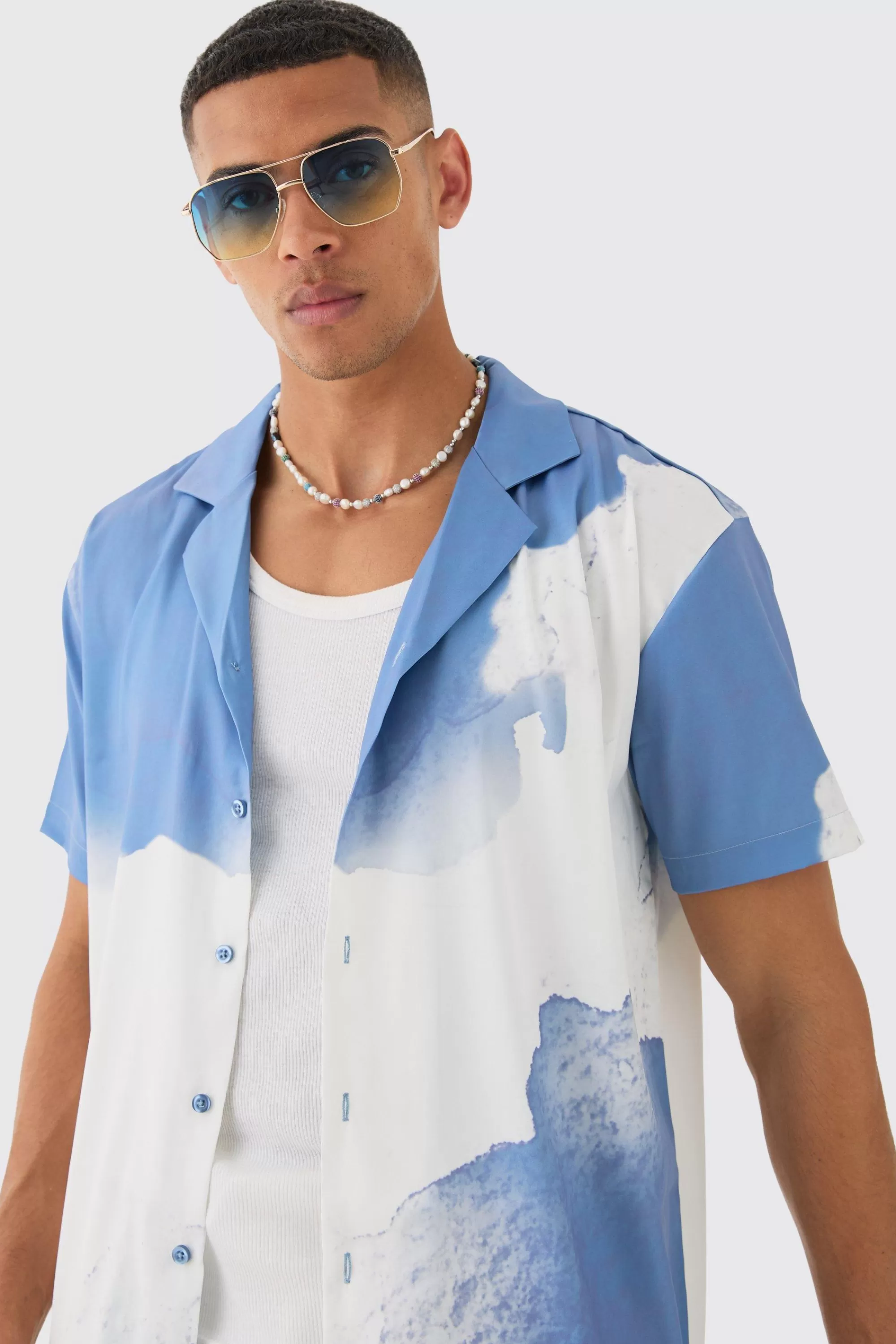 boohooMAN Oversized Revere Cloud Short Sleeve Shirt | UK
