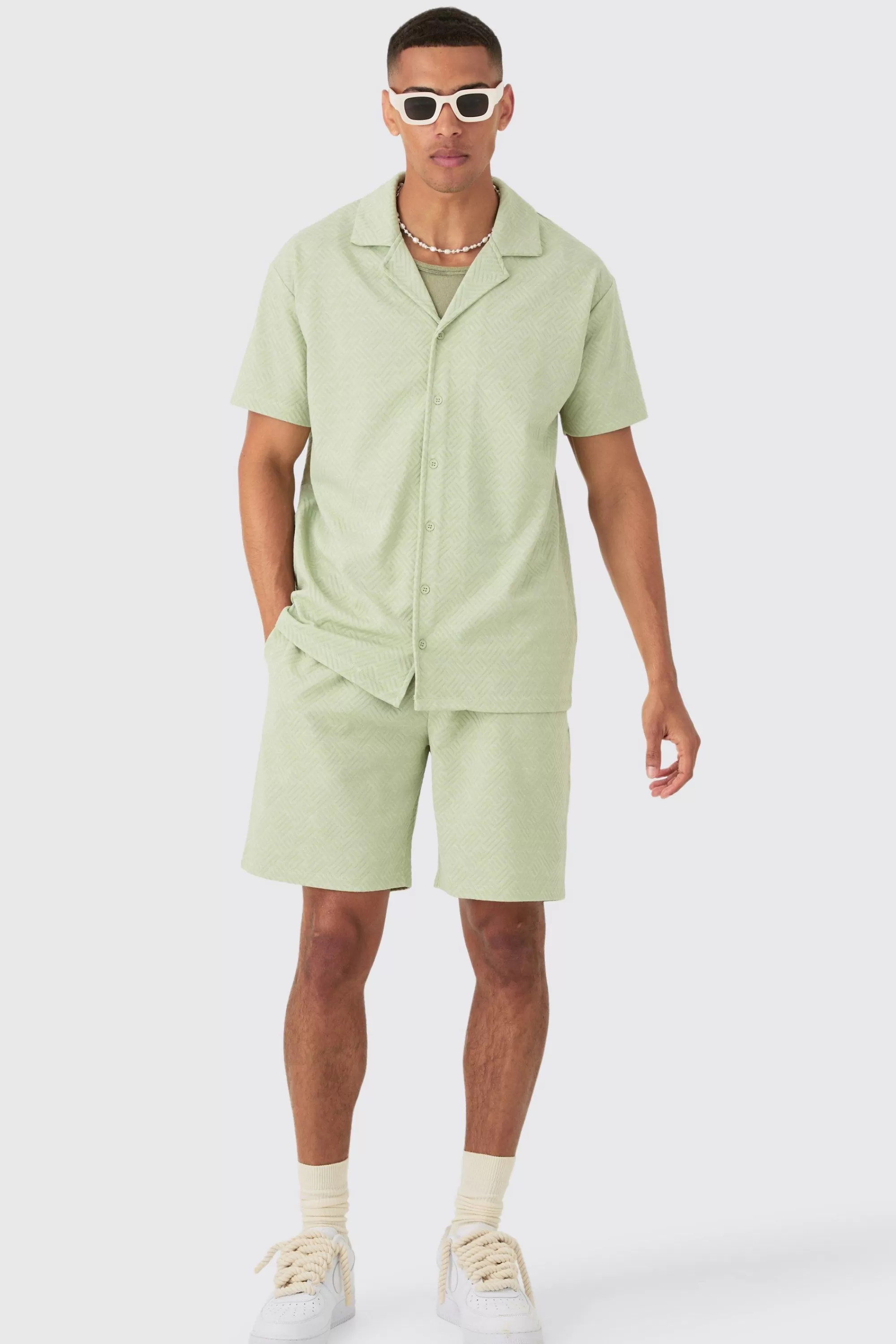 boohooMAN Oversized Revere Geo Jacquard Shirt & Short Set | UK