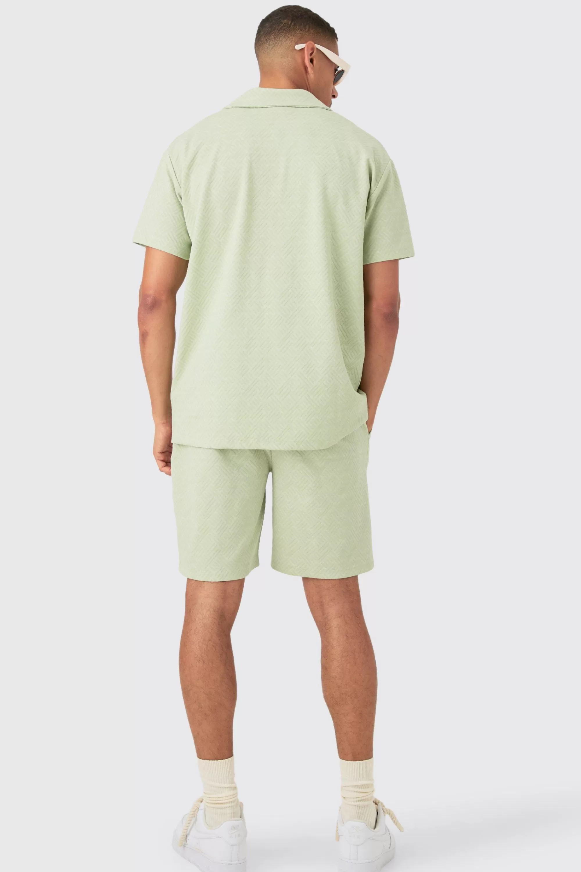 boohooMAN Oversized Revere Geo Jacquard Shirt & Short Set | UK