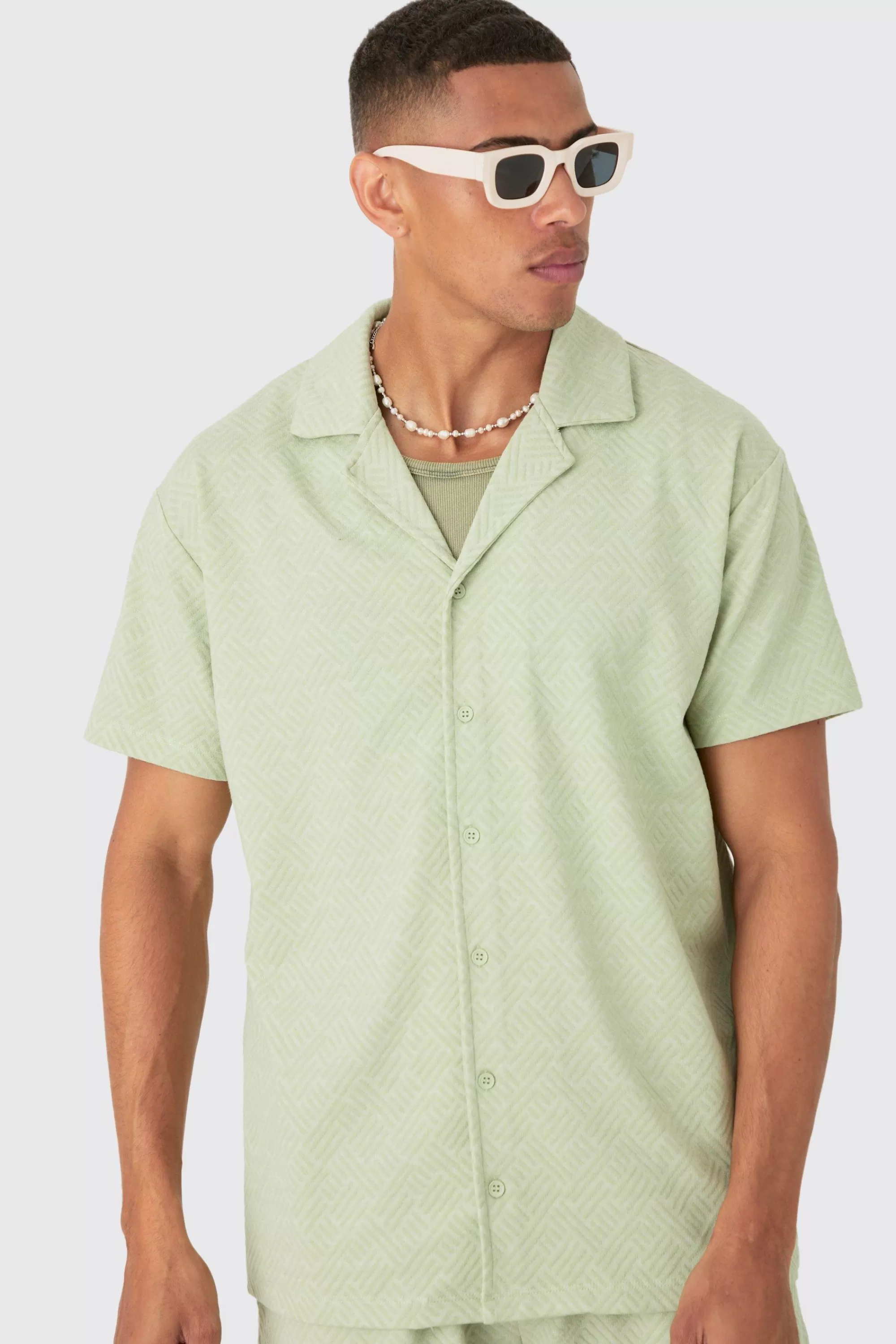 boohooMAN Oversized Revere Geo Jacquard Shirt & Short Set | UK