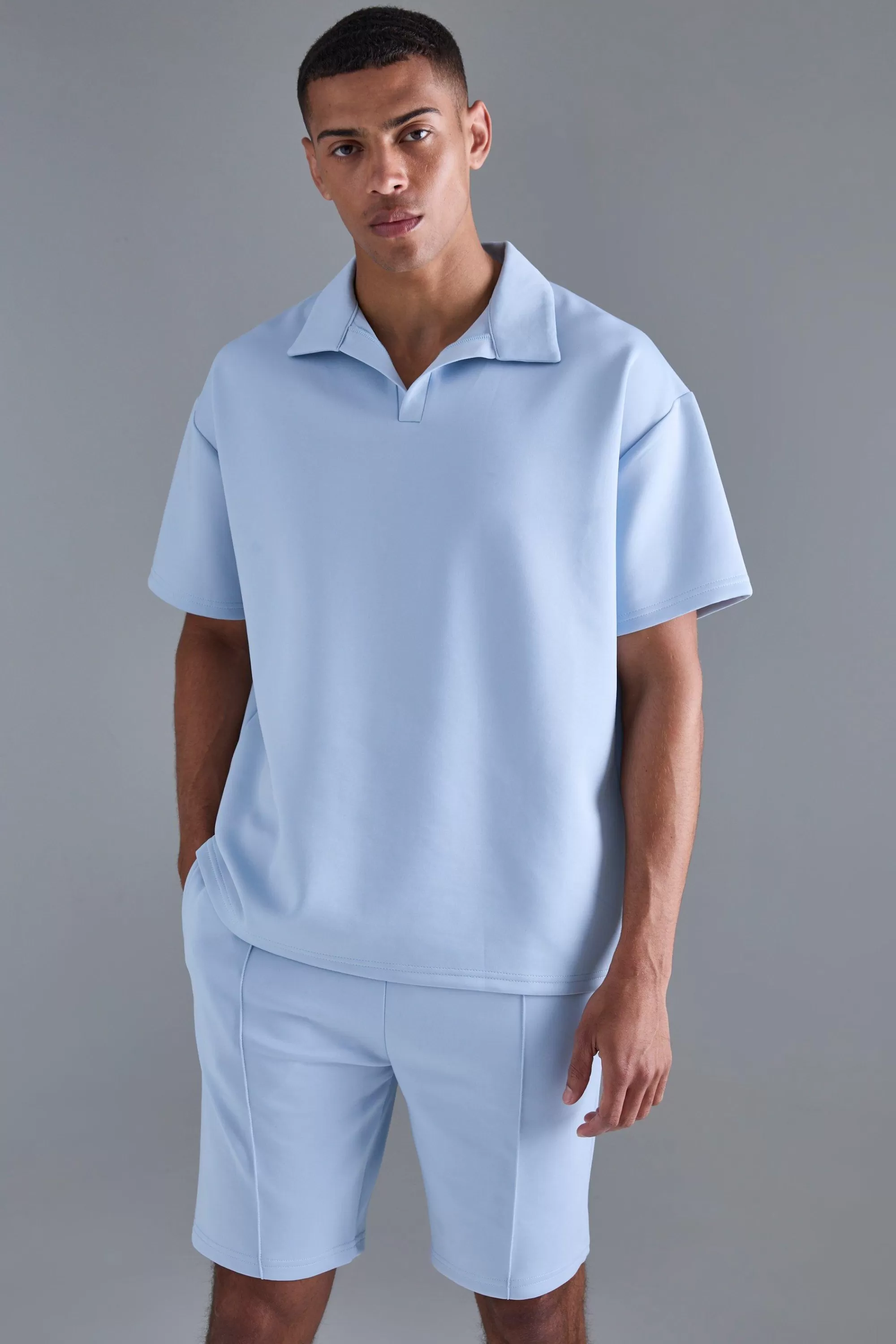boohooMAN Oversized Revere Scuba Polo & Short Set | UK
