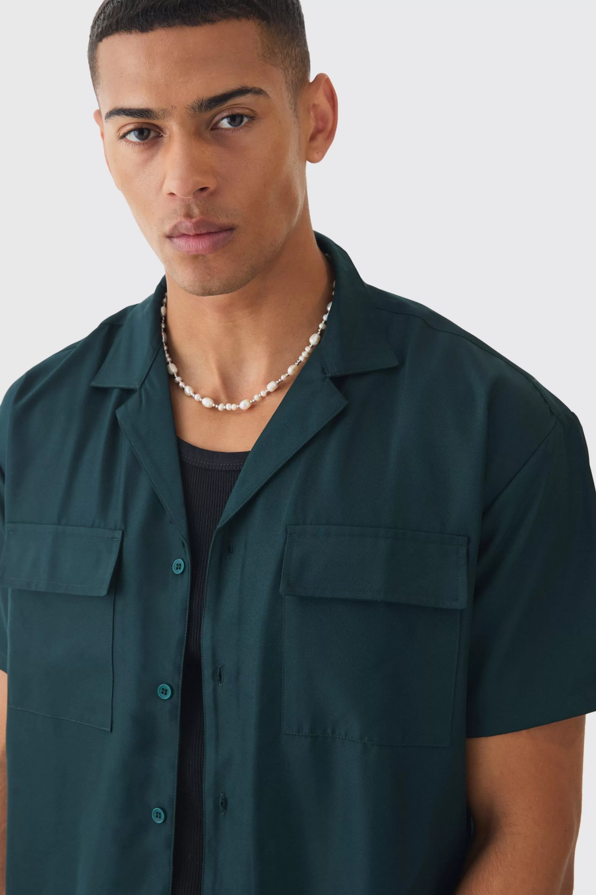 boohooMAN Oversized Revere Soft Twill Cargo Pocket Shirt | UK