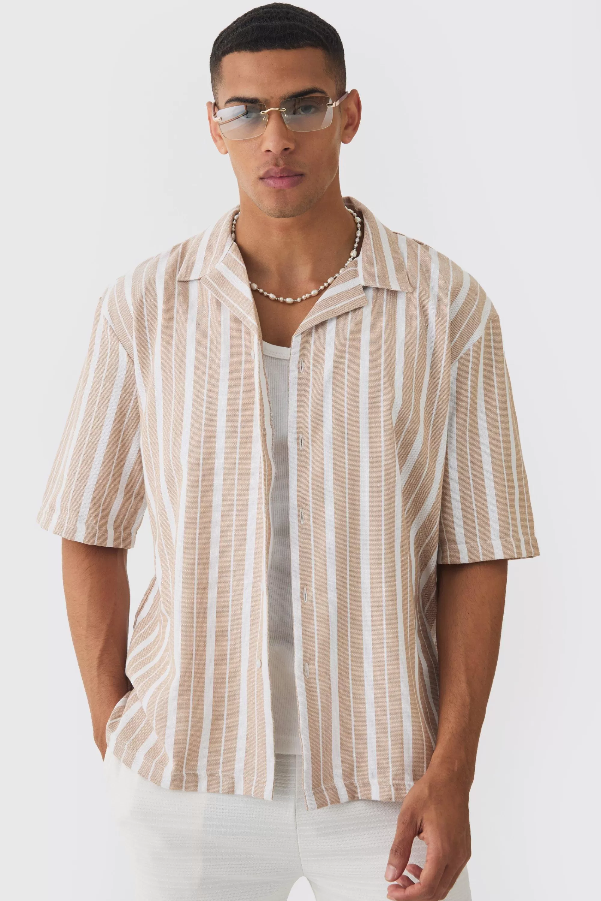 boohooMAN Oversized Revere Stripe Shirt | UK