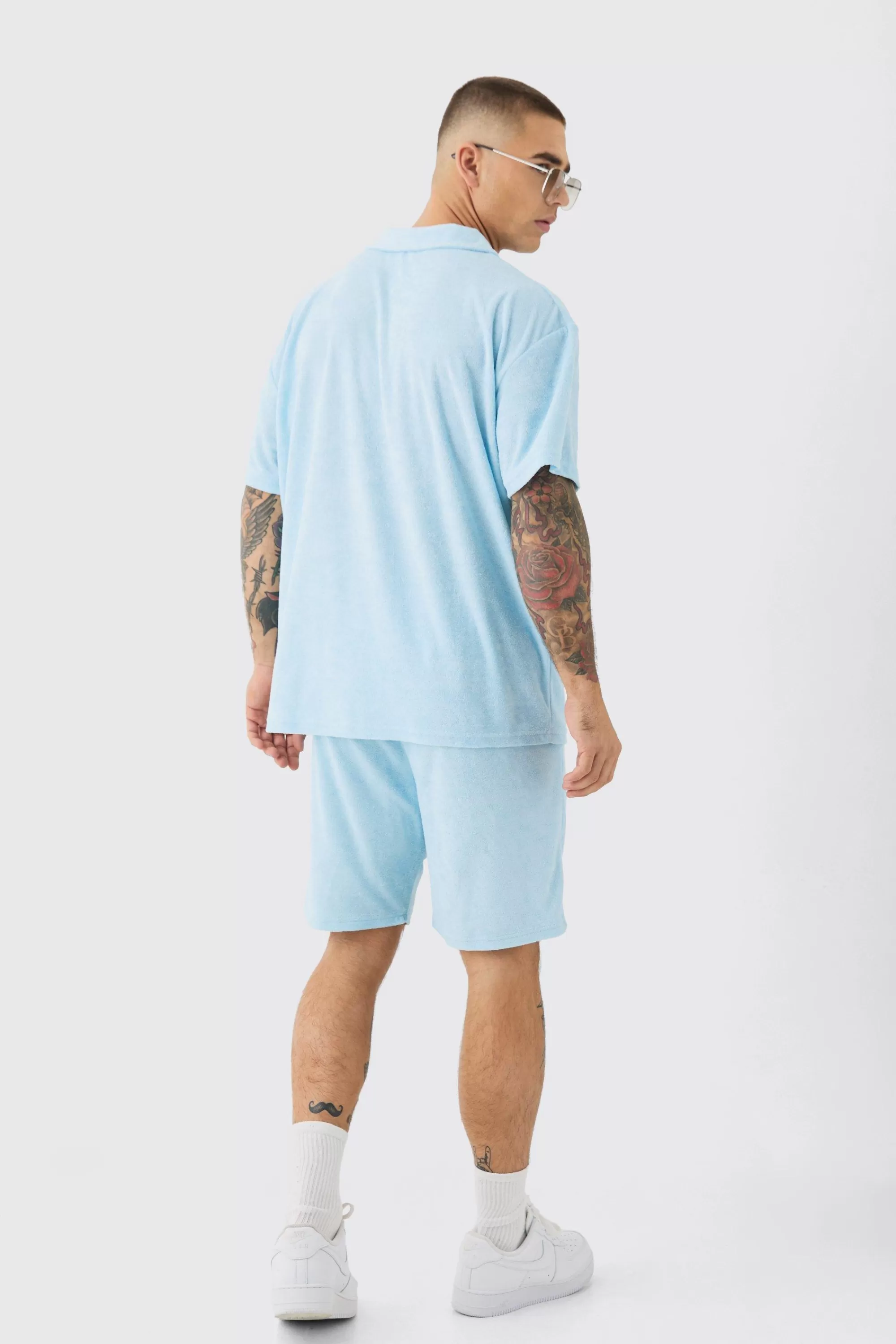 boohooMAN Oversized Revere Towelling Polo & Shorts Set | UK