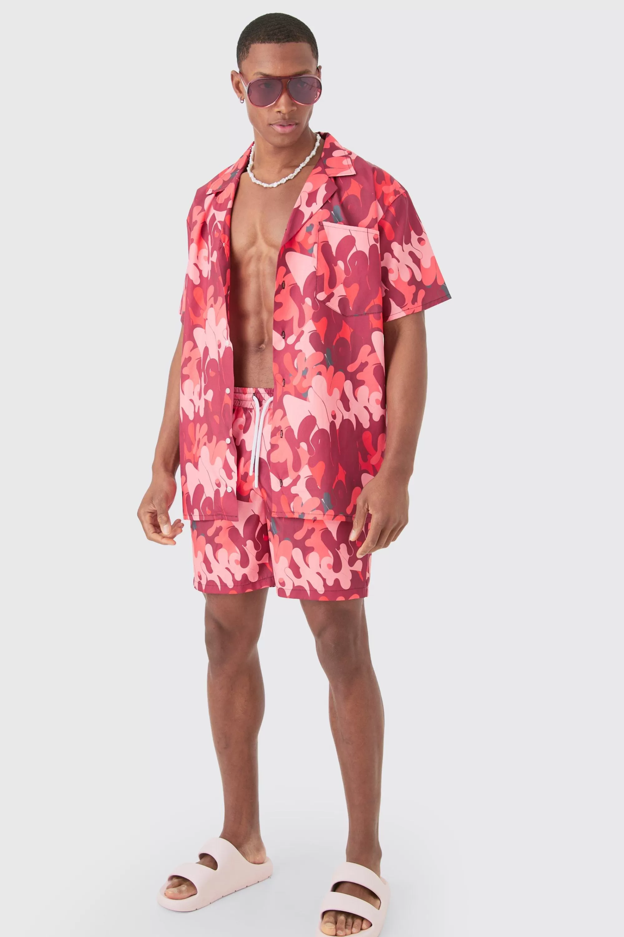 boohooMAN Oversized Ripstop Graffiti Shirt & Mid Swim Short Set | UK