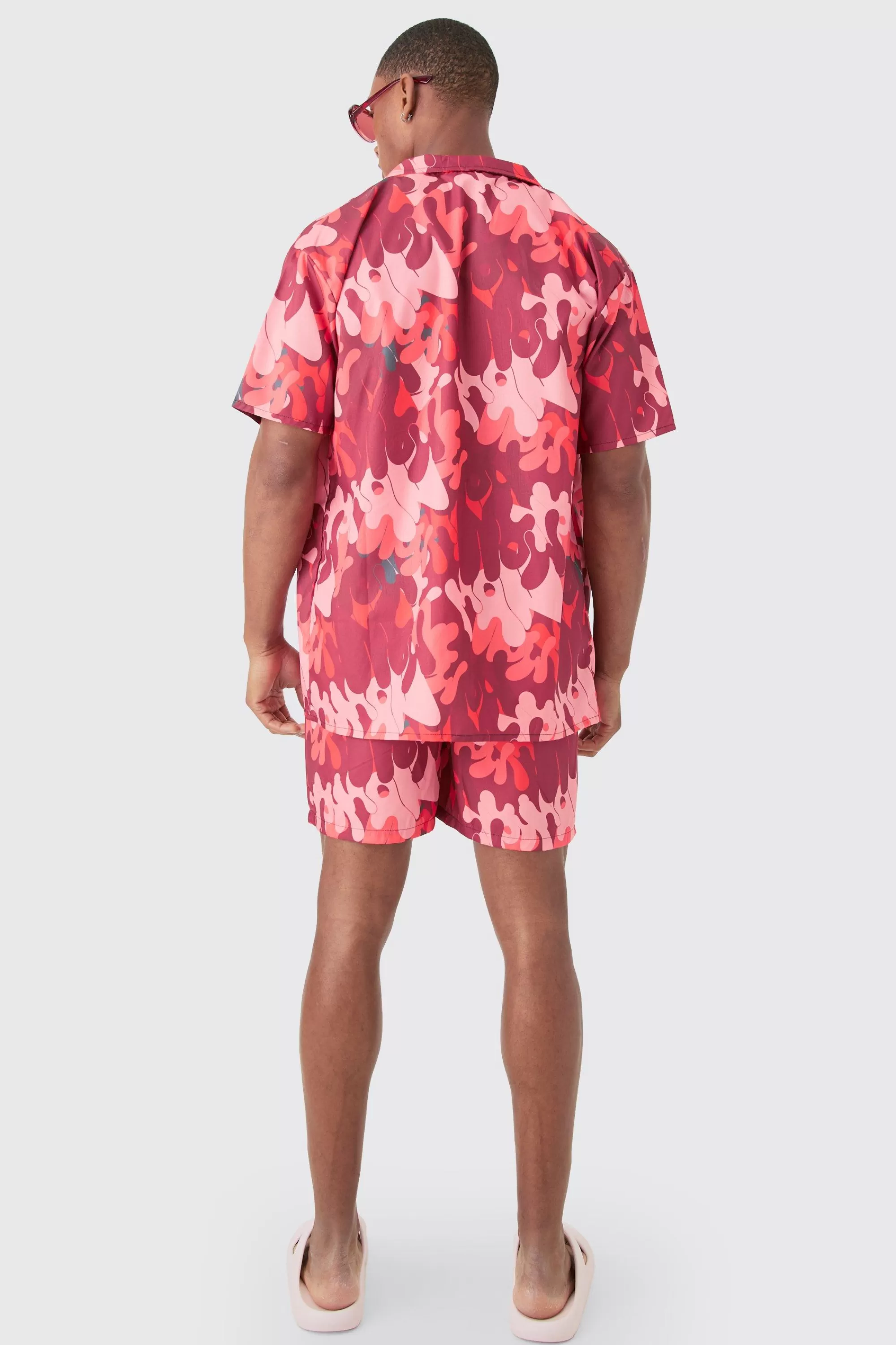 boohooMAN Oversized Ripstop Graffiti Shirt & Mid Swim Short Set | UK