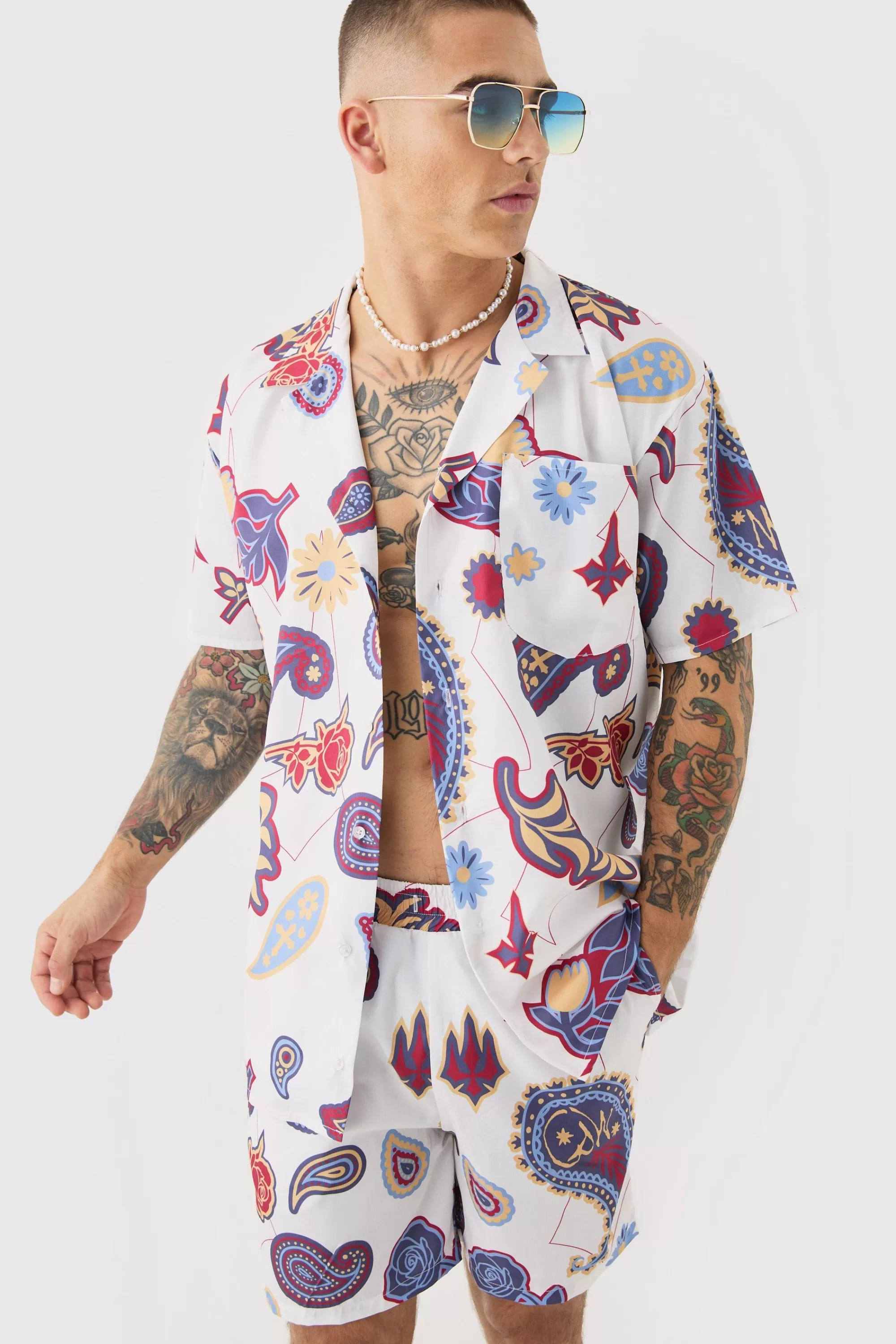 boohooMAN Oversized Ripstop Paisley Shirt & Mid Swim Short Set | UK