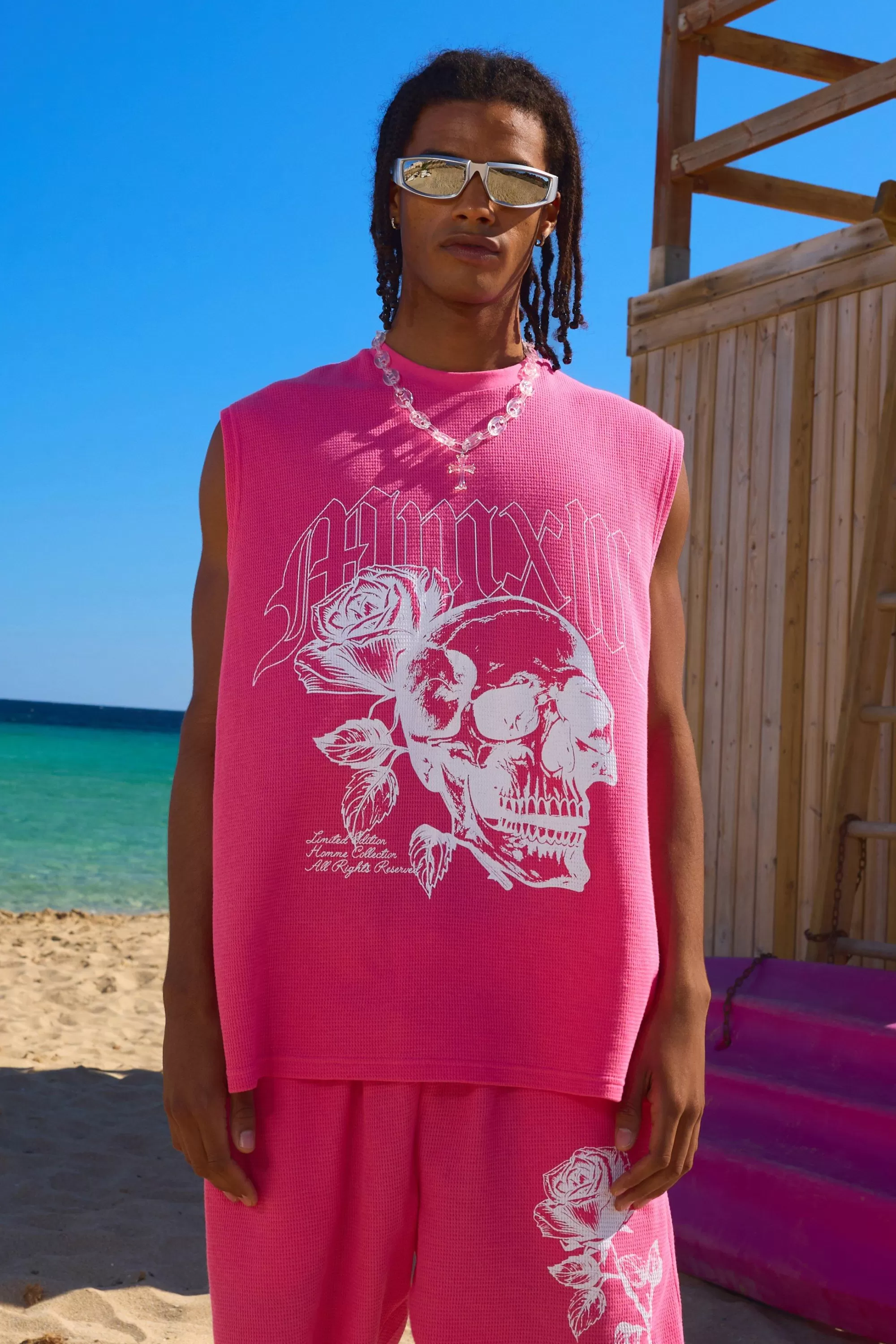 boohooMAN Oversized Rose Skull Waffle Large Printed Tank & Shorts Set | UK