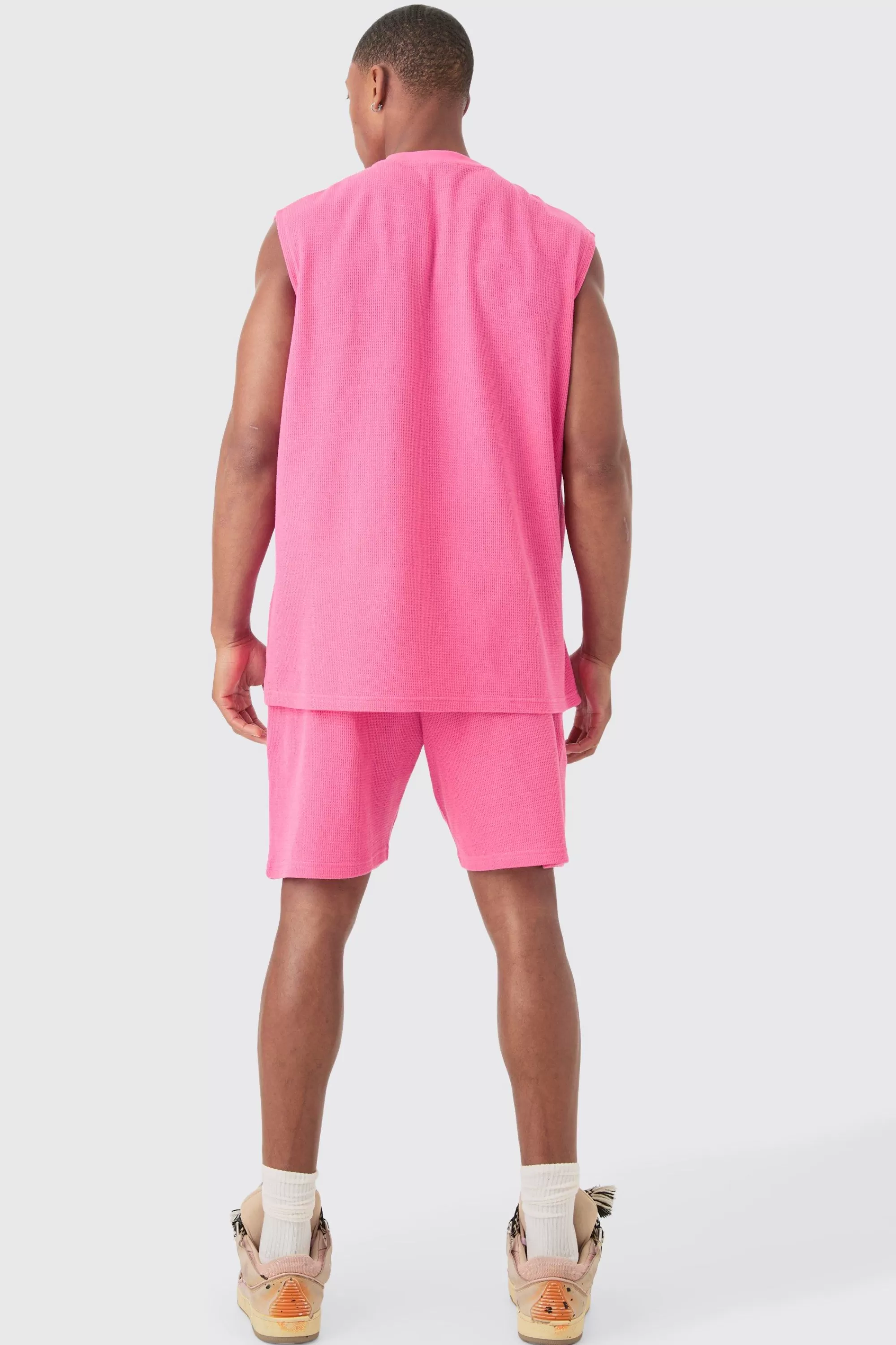 boohooMAN Oversized Rose Skull Waffle Large Printed Tank & Shorts Set | UK