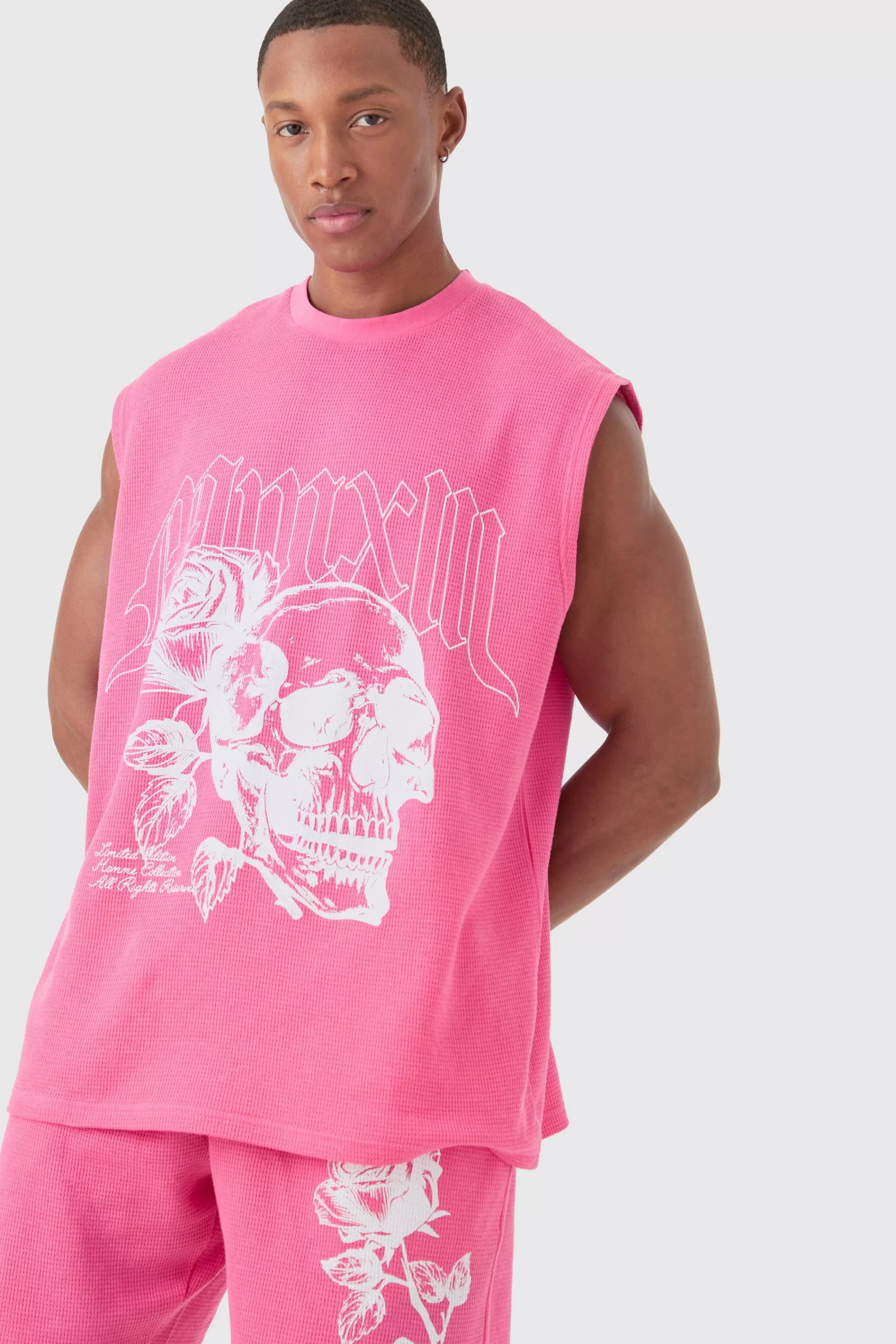 boohooMAN Oversized Rose Skull Waffle Large Printed Tank & Shorts Set | UK