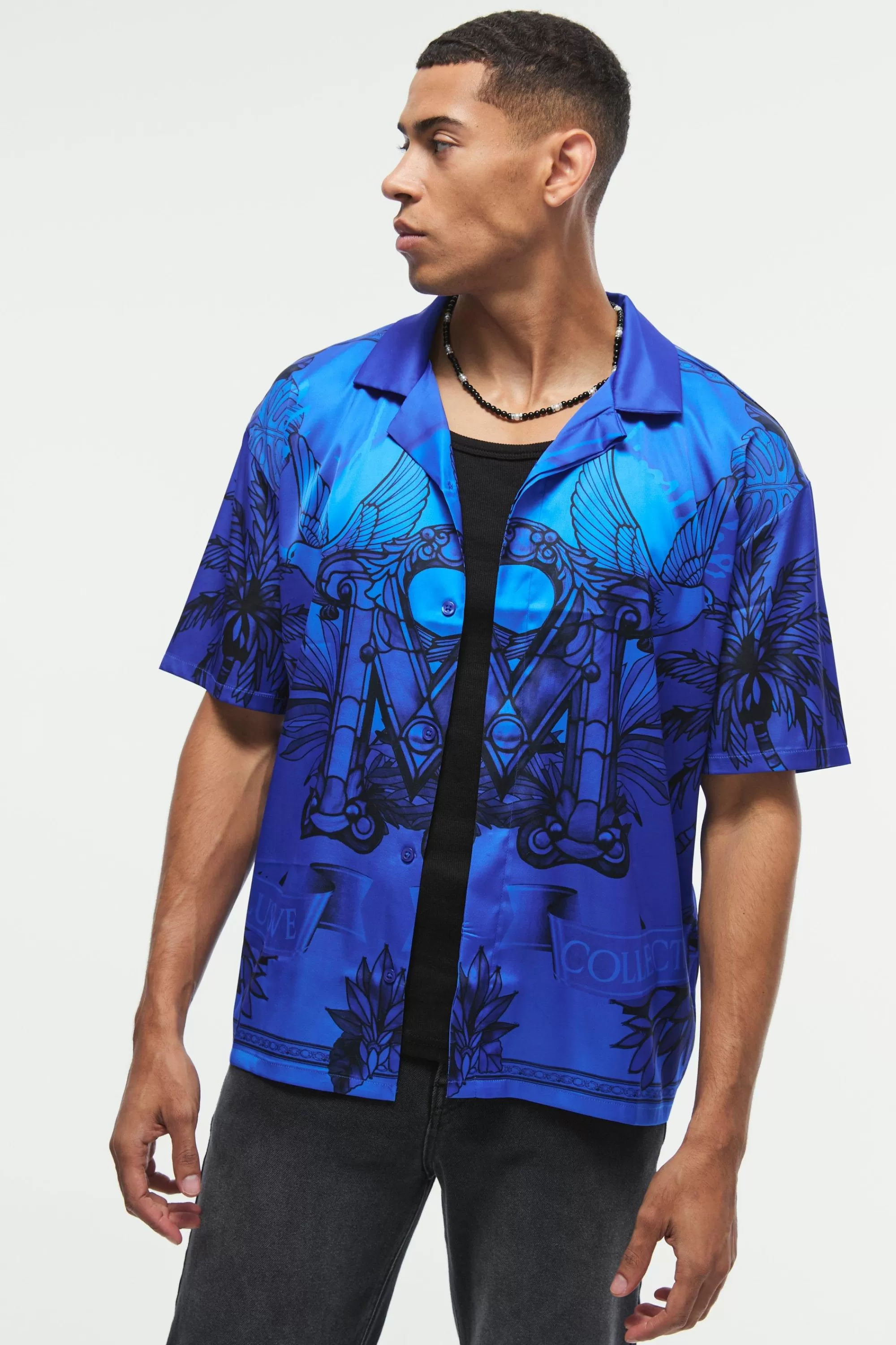 boohooMAN Oversized Satin Exclusive Collection Revere Shirt | UK