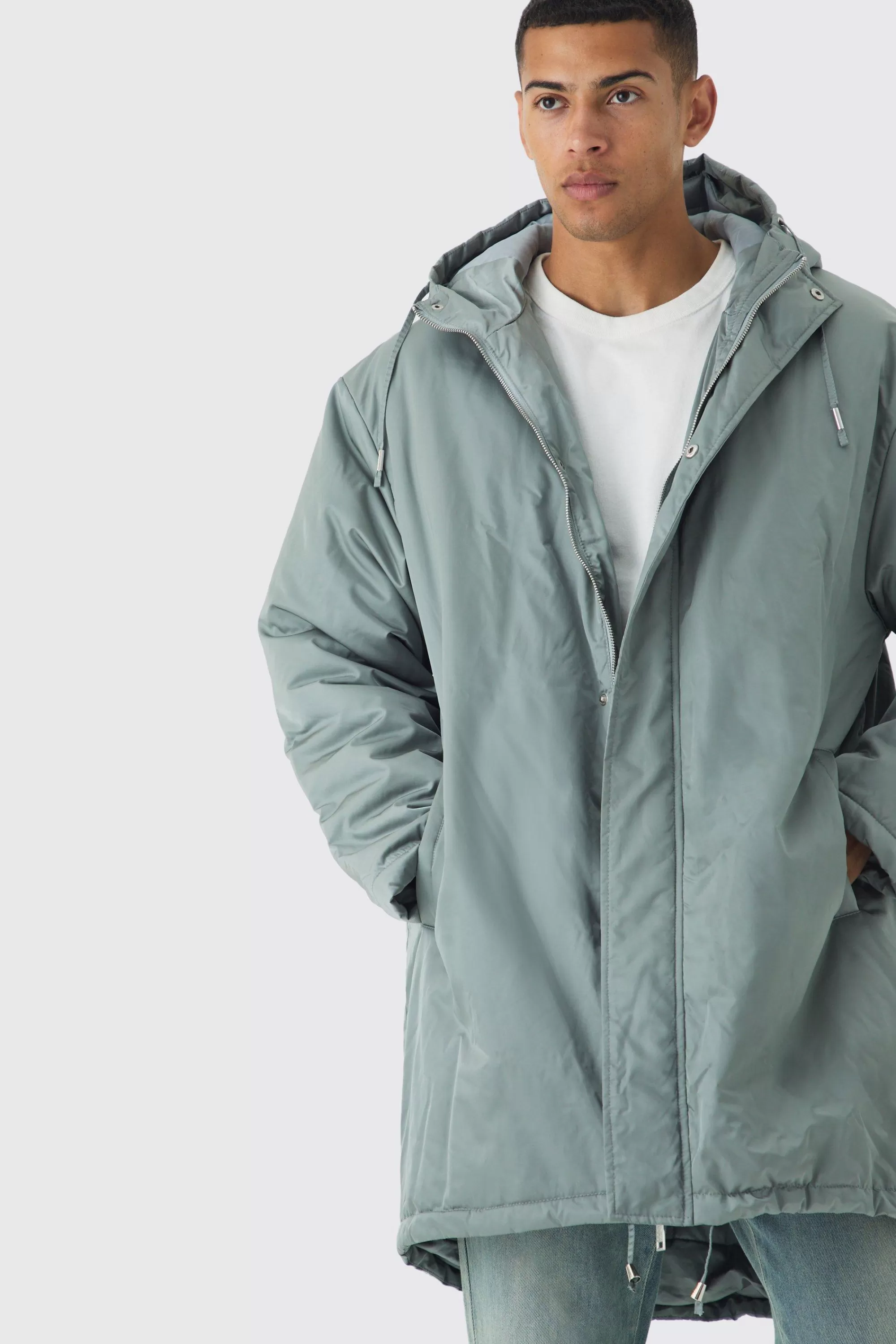 boohooMAN Oversized Satin Padded Longline Parka In | UK