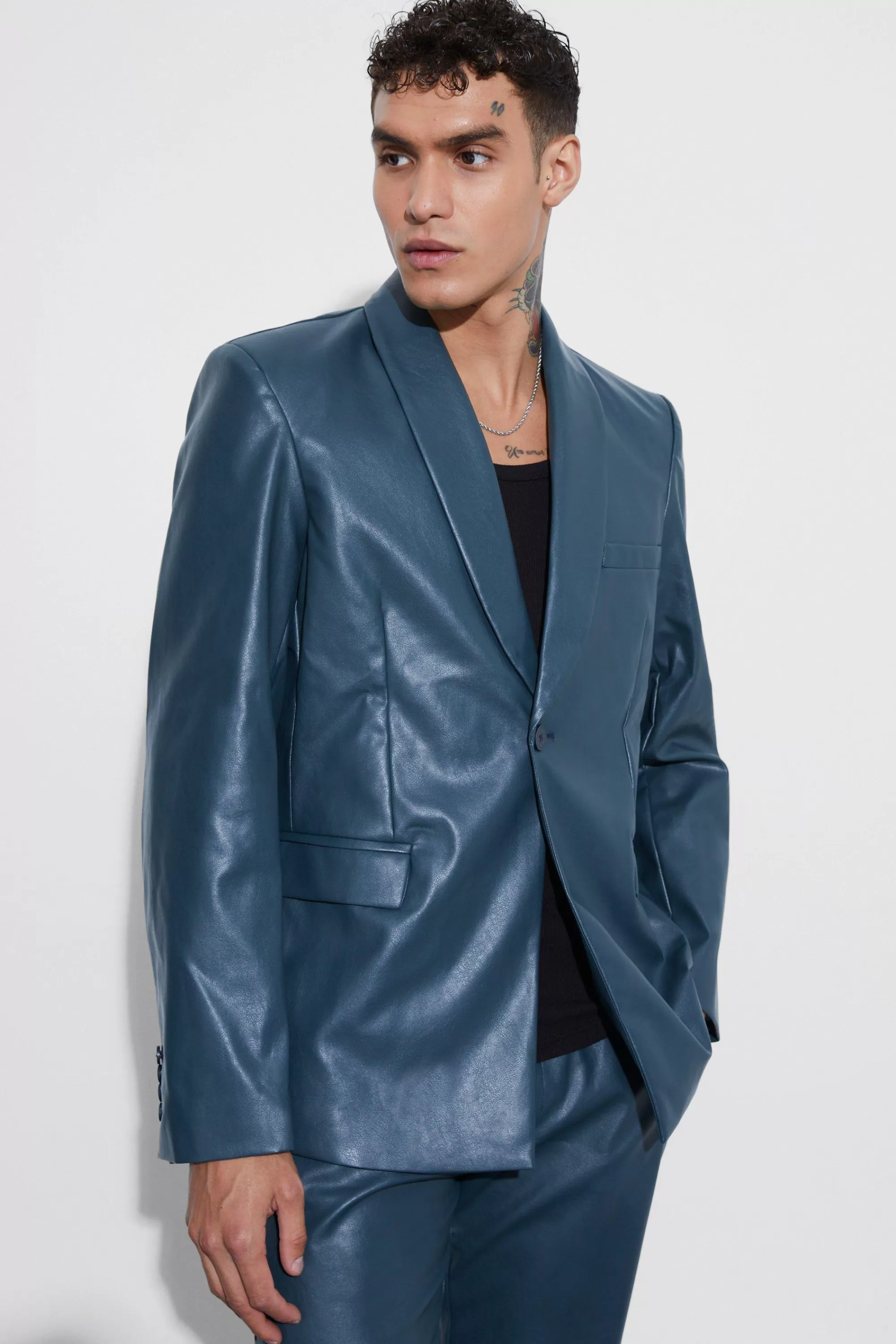 boohooMAN Oversized Shawl Collar Pu Blazer | UK