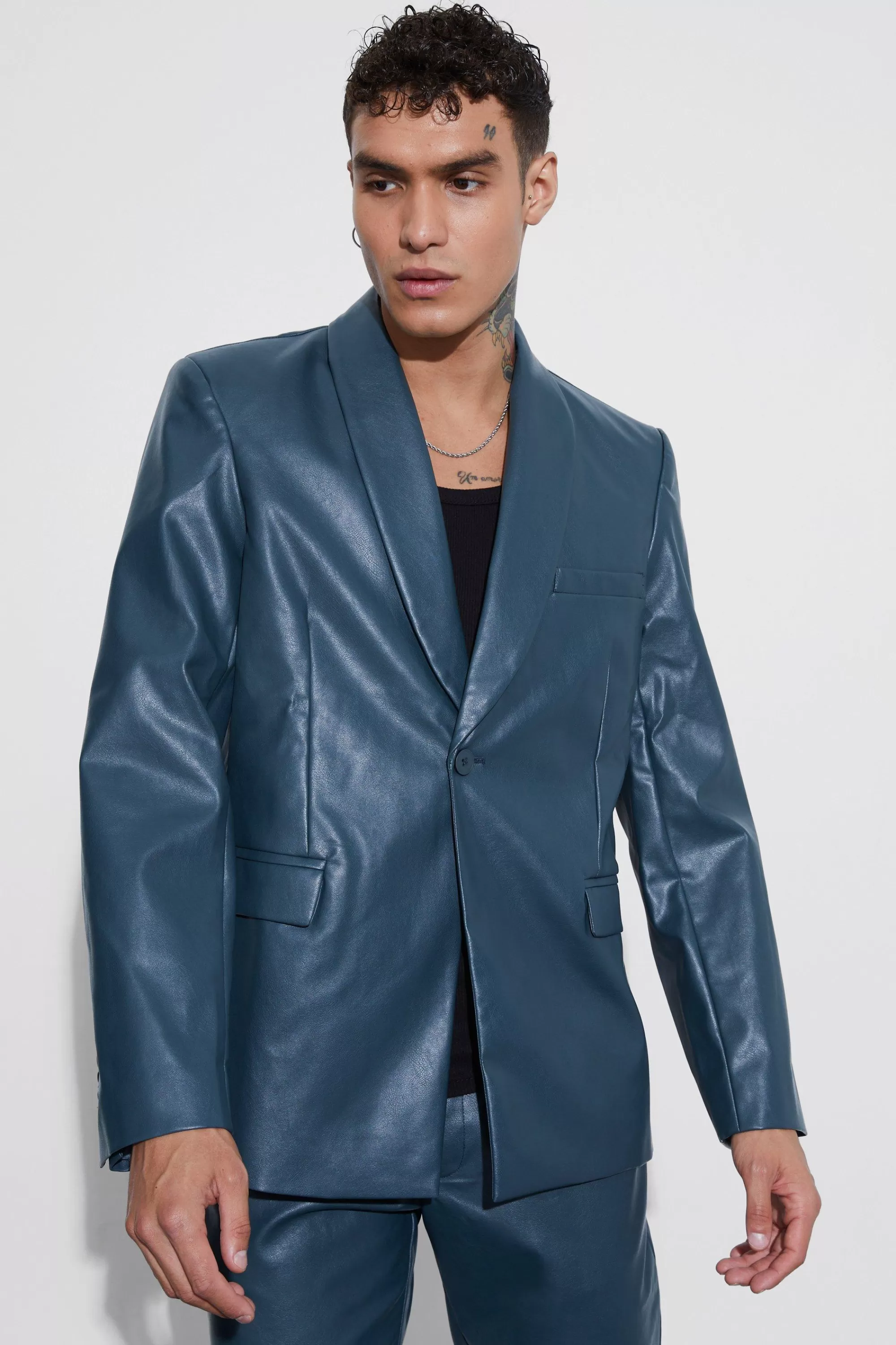 boohooMAN Oversized Shawl Collar Pu Blazer | UK