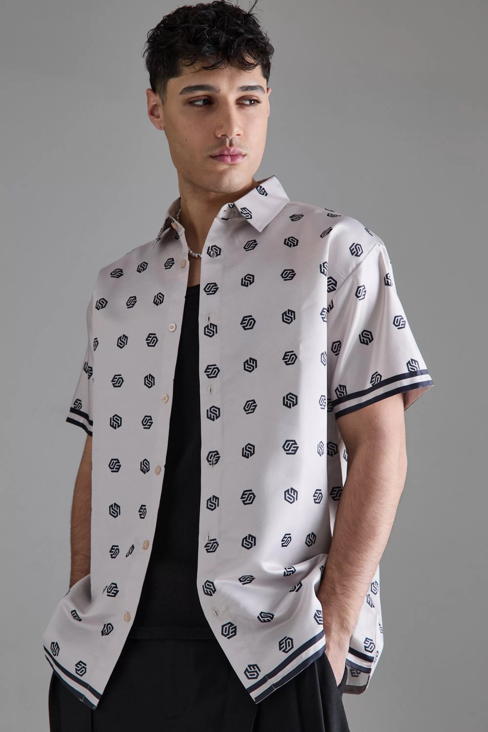 boohooMAN Oversized Short Sleeve Detailed Satin Shirt | UK