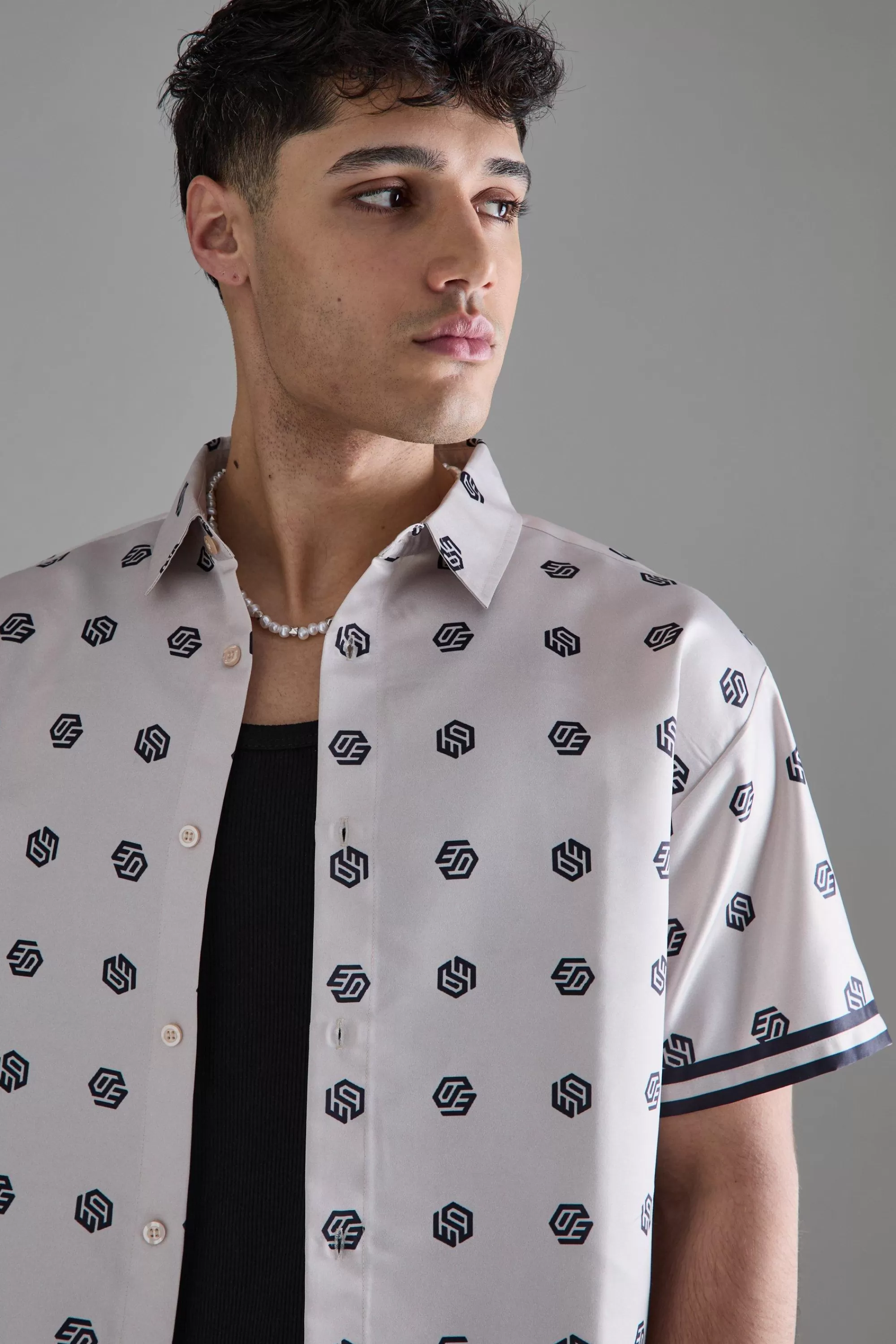 boohooMAN Oversized Short Sleeve Detailed Satin Shirt | UK