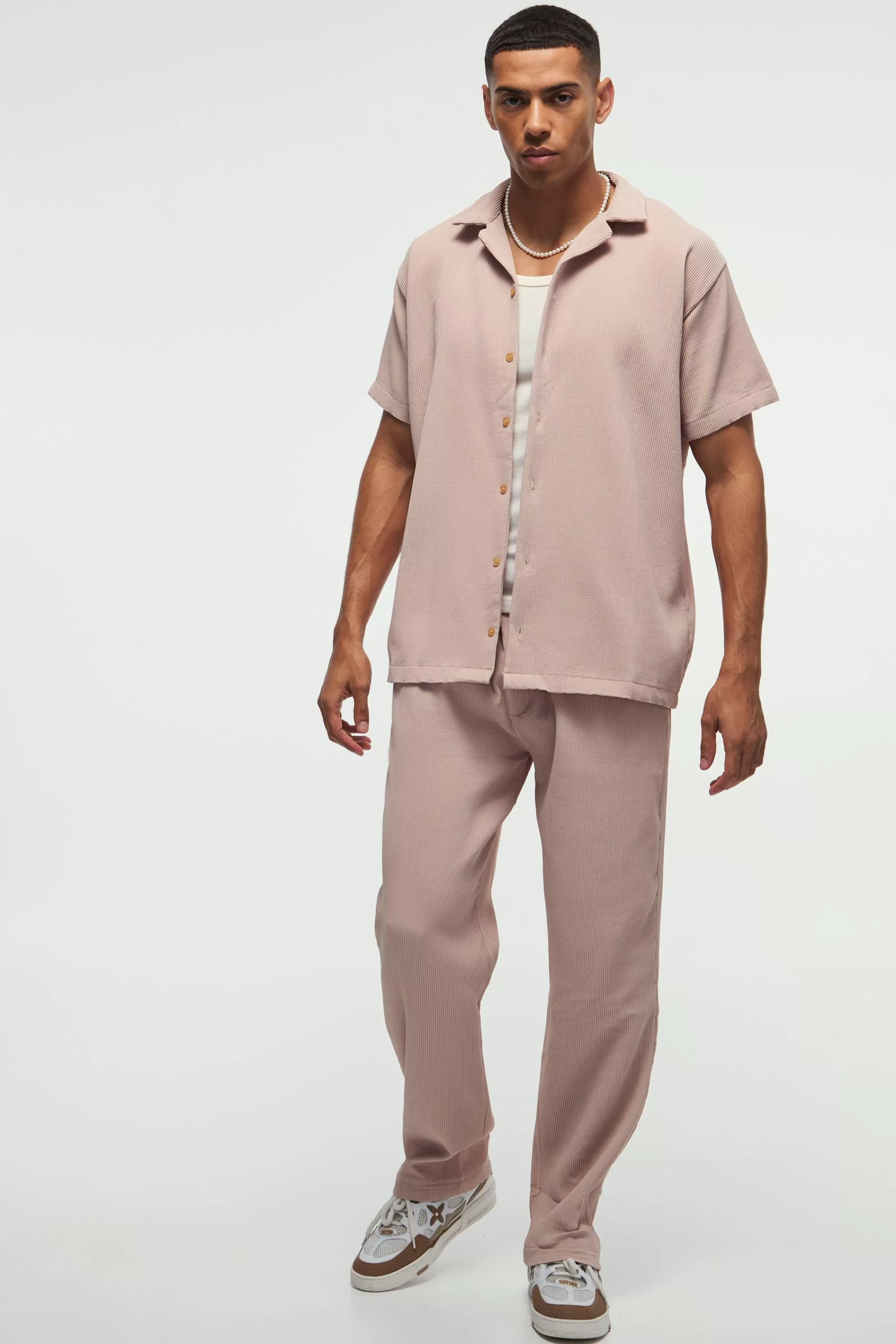 boohooMAN Oversized Short Sleeve Pleated Shirt & Straight Trouser Set | UK