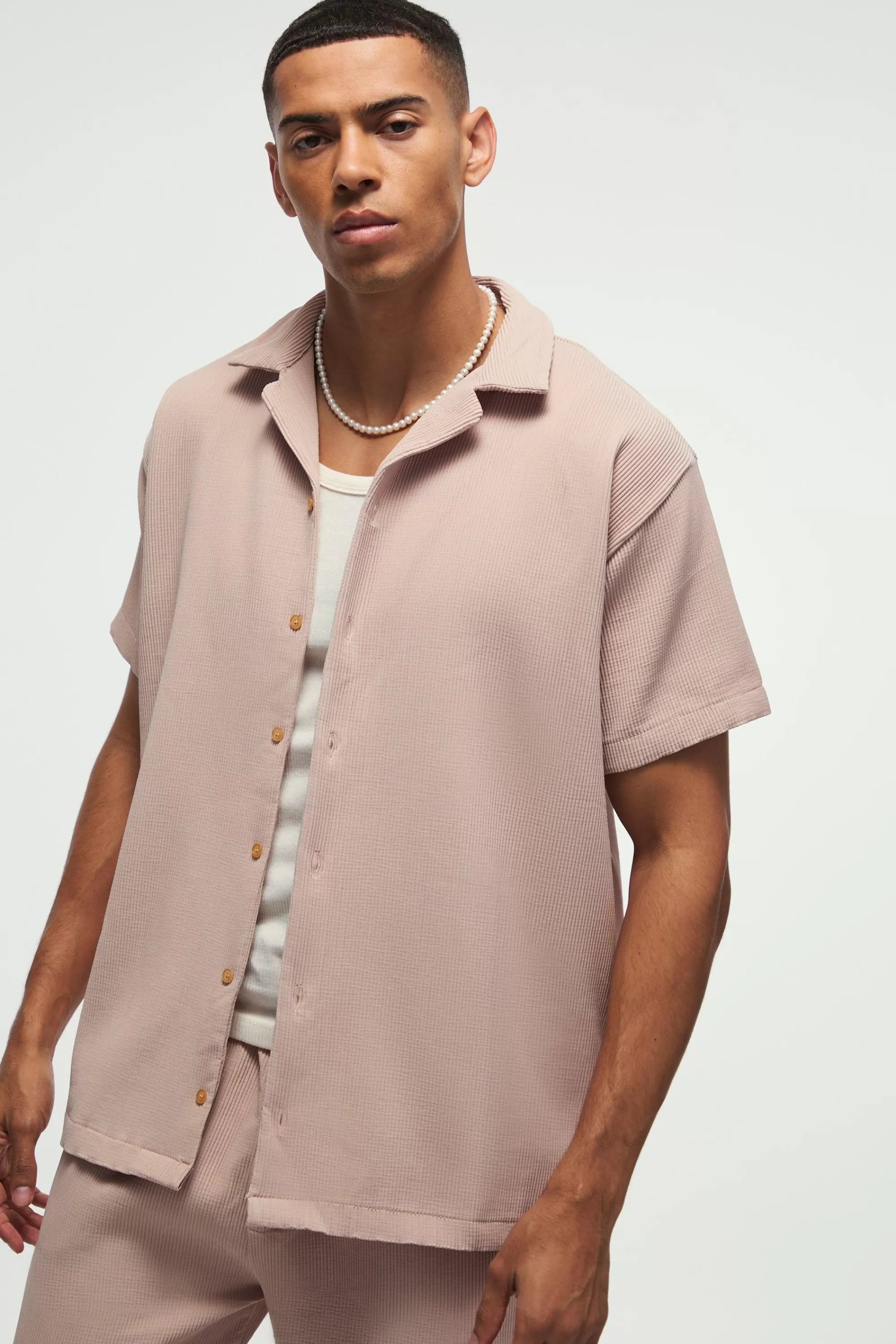boohooMAN Oversized Short Sleeve Pleated Shirt & Straight Trouser Set | UK