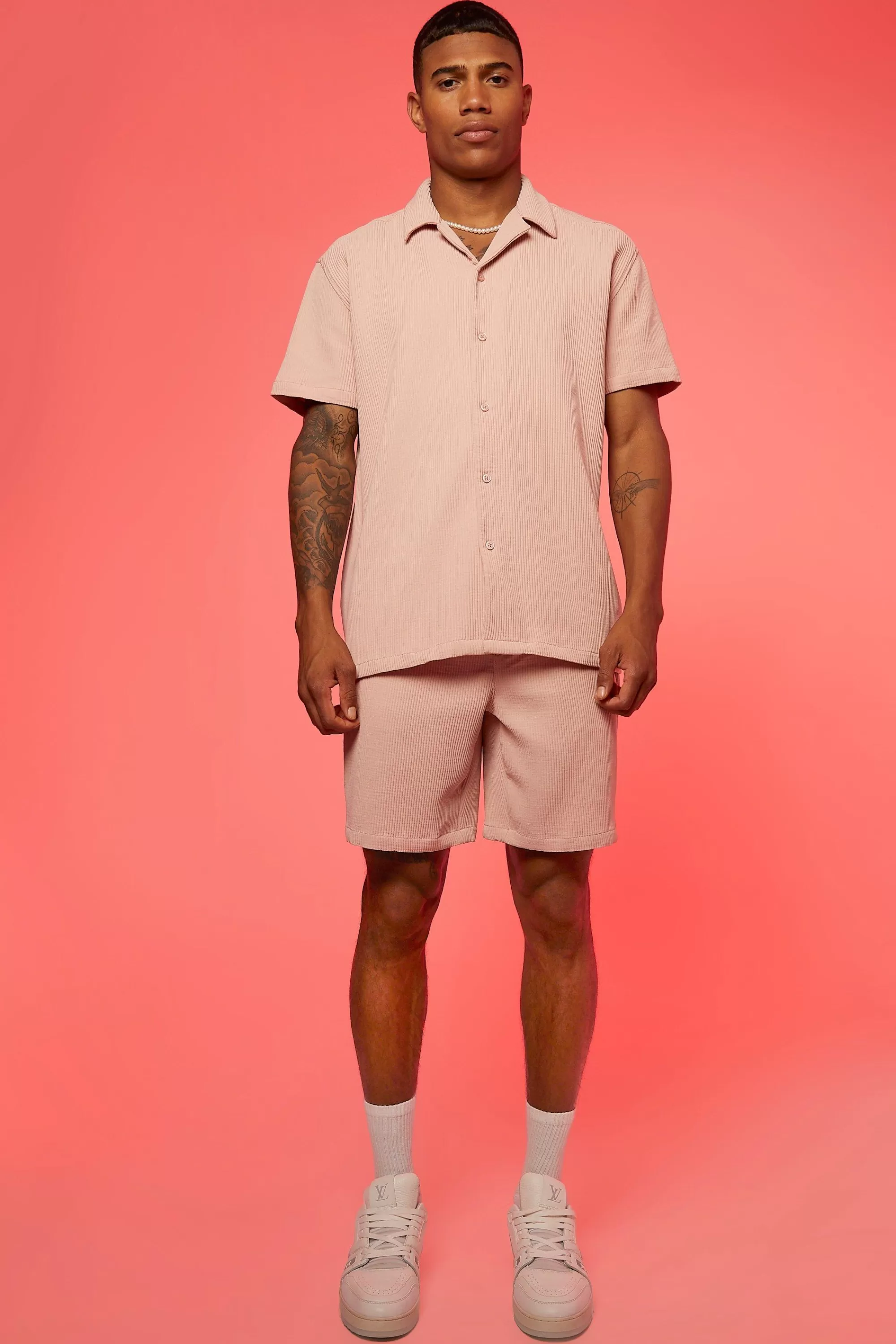 boohooMAN Oversized Short Sleeve Pleated Shirt And Short | UK