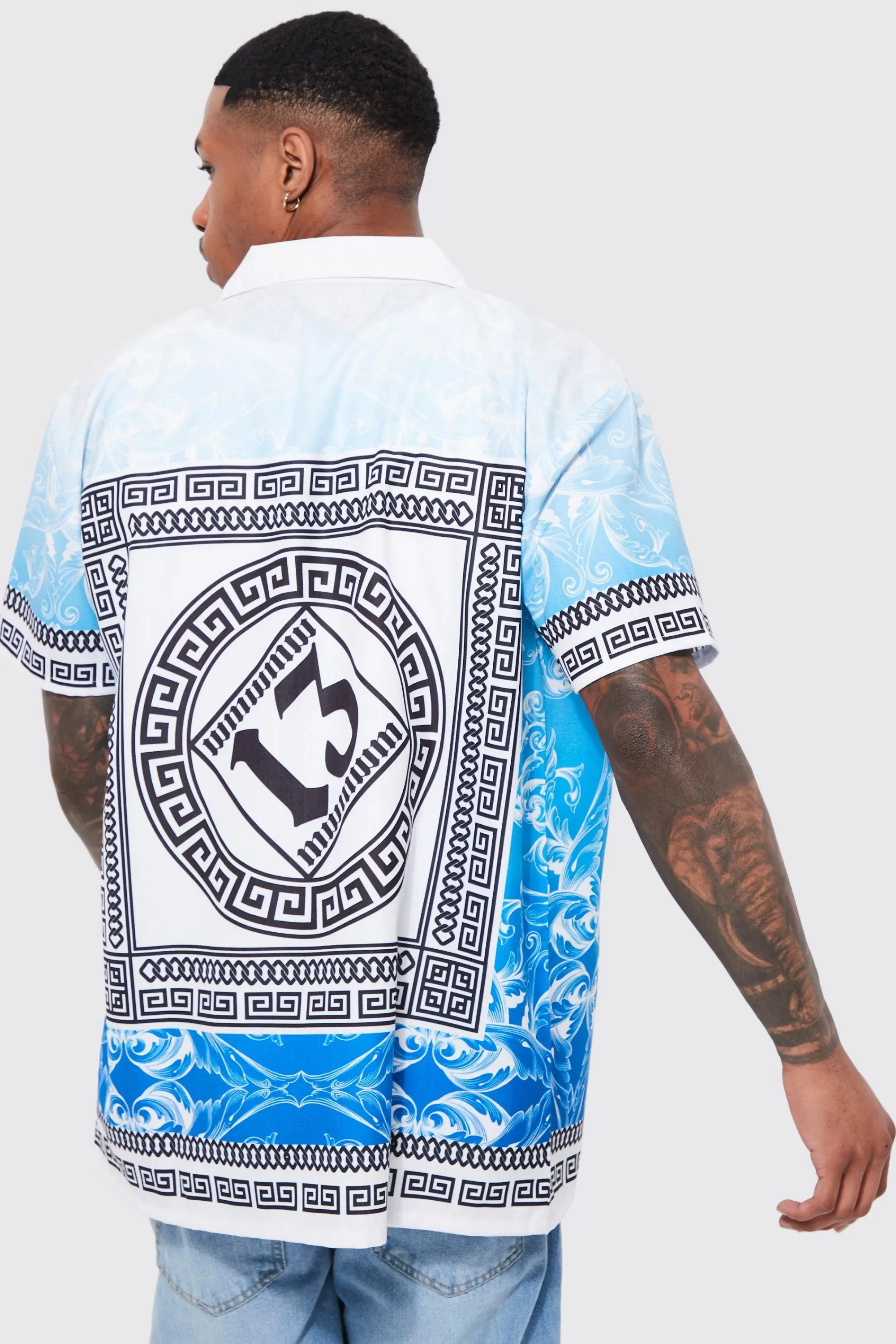 boohooMAN Oversized Slub Baroque Border Printed Shirt | UK